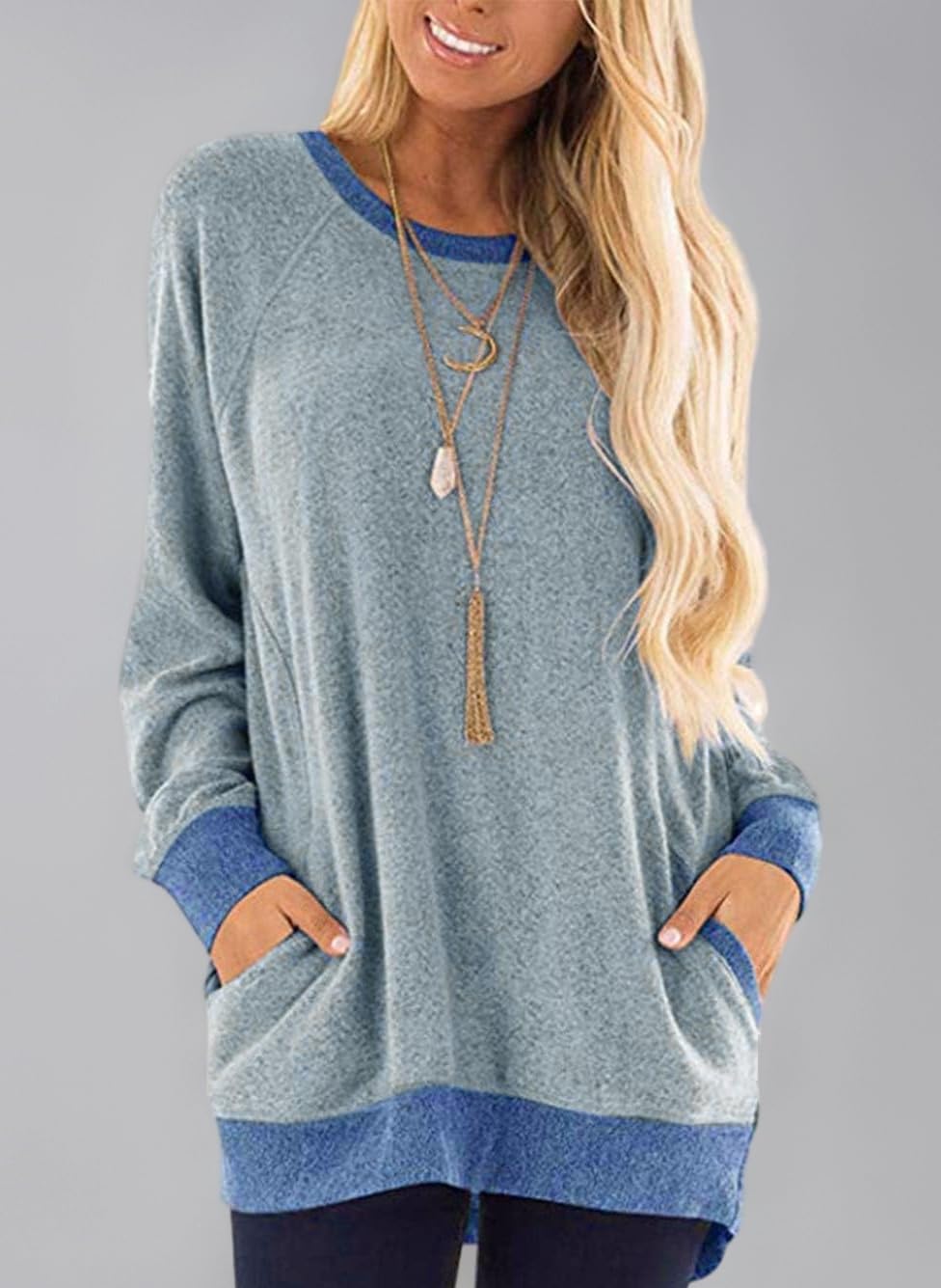 Casual Women’s Long Sleeve Crewneck T Shirt Sweatshirt Tops with Pockets S-XXL