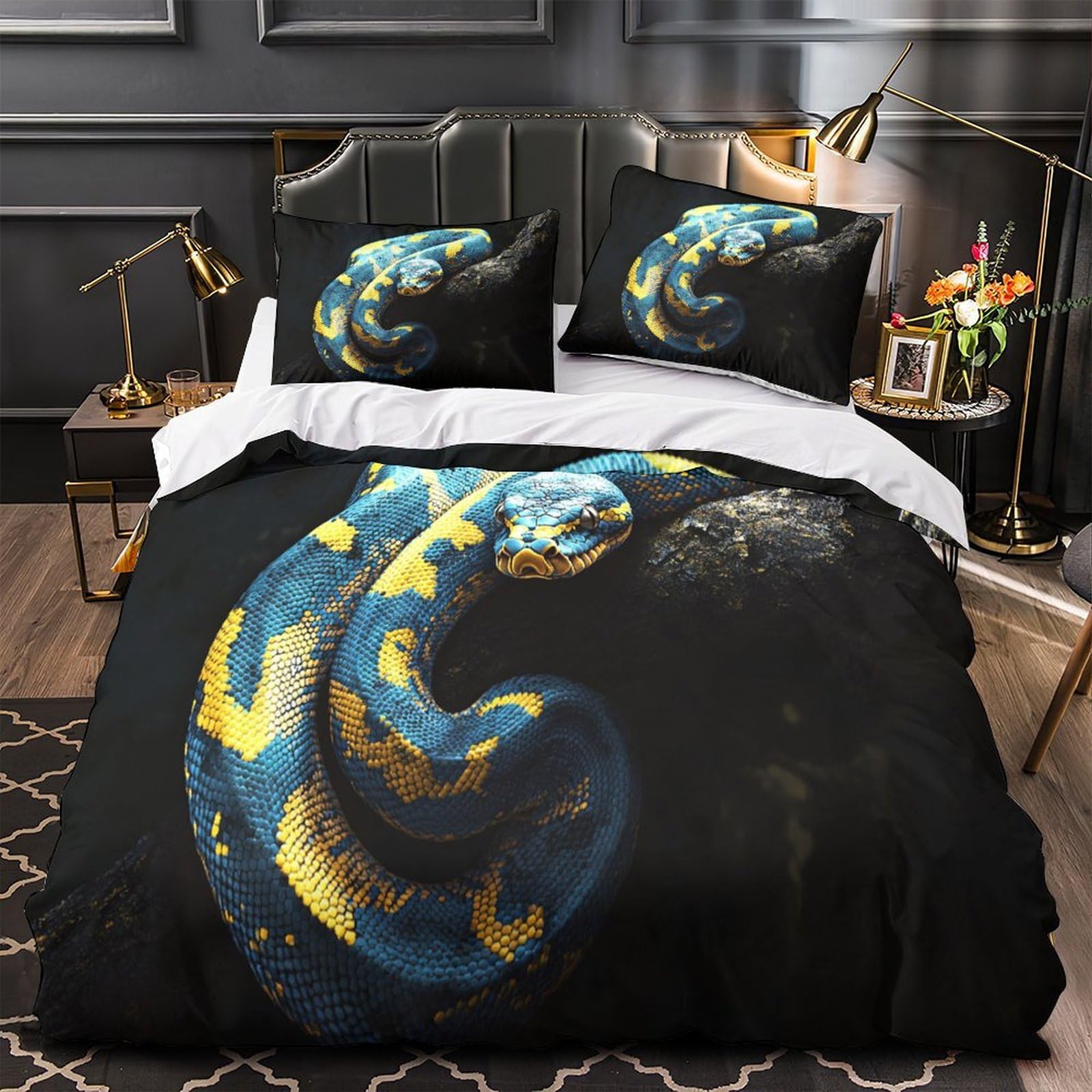 Parure de lit serpent bleu et jaune en microfibre résistante avec fermeture éclair 135x200
