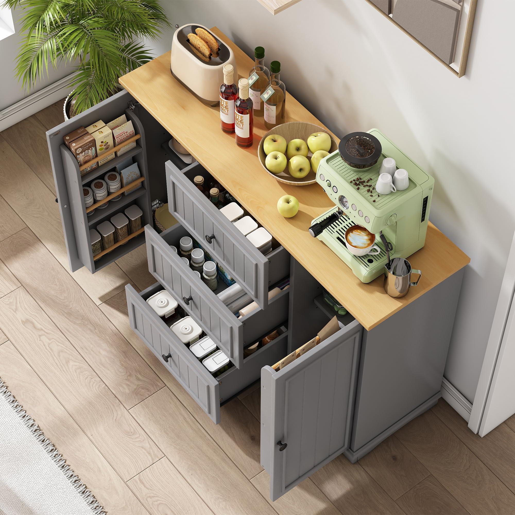 Aparador buffet con 3 cajones y puertas de frigorífico, versátil para salón, comedor y vestíbulo, color gris