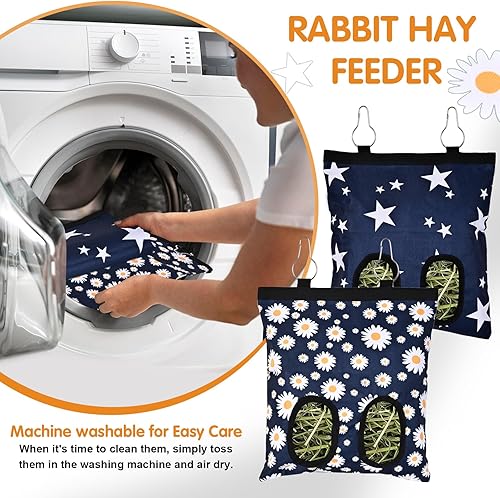 Upgraded Rabbits Hay Feeder Bag for Bunny, Guinea Pigs, Chinchillas - Hanging Washable 2-Hole Hay Dispenser with 600D Oxford Fabric, Small Animal Cage Accessories (Blue Star)(blue daisy)