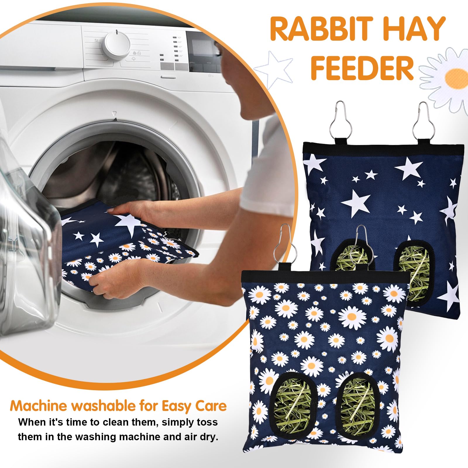 Upgraded Rabbits Hay Feeder Bag for Bunny, Guinea Pigs, Chinchillas - Hanging Washable 2-Hole Hay Dispenser with 600D Oxford Fabric, Small Animal Cage Accessories (Blue Star) - image 5