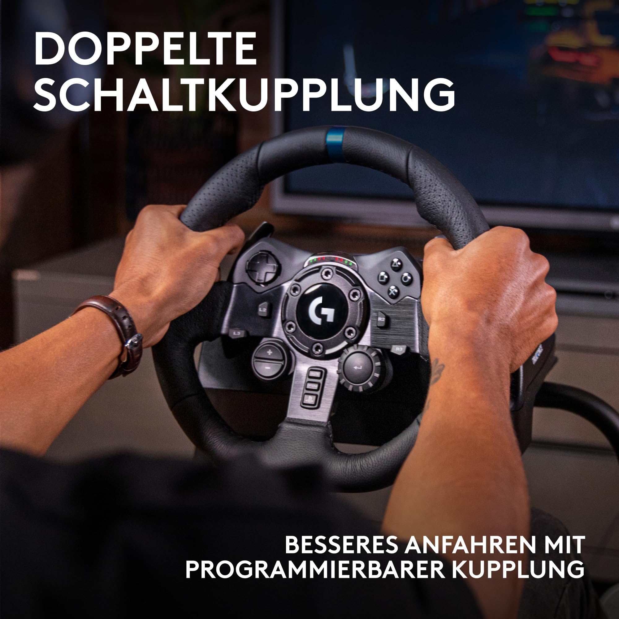 Logitech G G923 Racing Wheel und Pedale für Playstation & PC | TRUEFORCE bis 1000 Hz, reaktionsschnelle Führung, Doppelkupplung, fliegende Beschichtung. Für PS5, PS4, PC, Mac – Schwarz