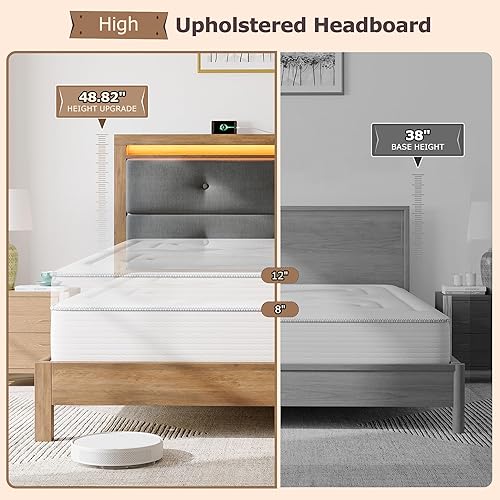 Miniatura 7 de EnHomee Marco de cama de madera tamaño matrimonial con estación de carga y luces LED, marco de cama matrimonial con cabecera tapizada, no necesita