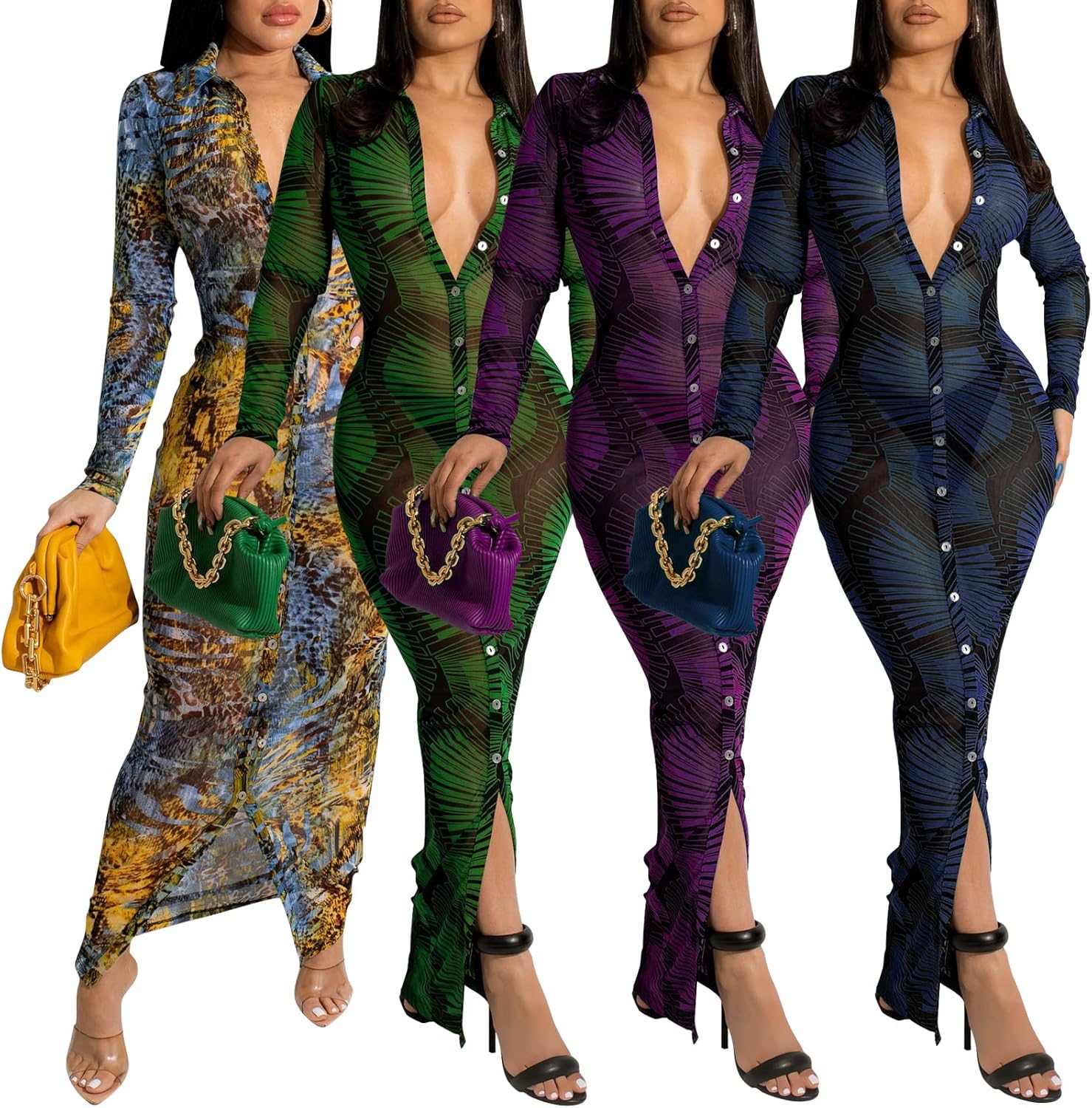 Women's Sheer Mesh Long Sleeve Bodycon Midi Dress Club Night Out Dresses Beach Cover Up Dress - Image 6