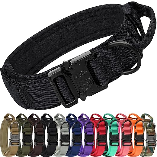 Joytale Tactical Dog Collar with Handle, Heavy Duty Military Dog Collar with 2 Patches for Training, Adjustable Tactical Collars for Medium Dogs, Black, M