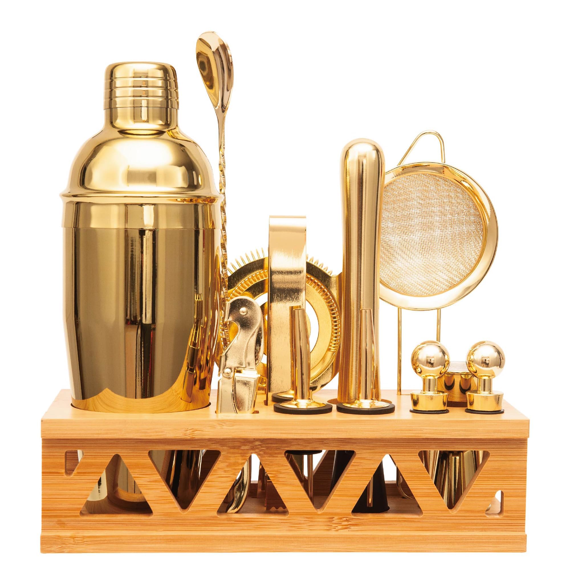 Cocktail Shaker Set Bartender Kit with Bamboo Stand,13 Piece Bar Set Stainless Steel Bar Accessories for Drink Mixing, Bar, Home, Party (Gold)