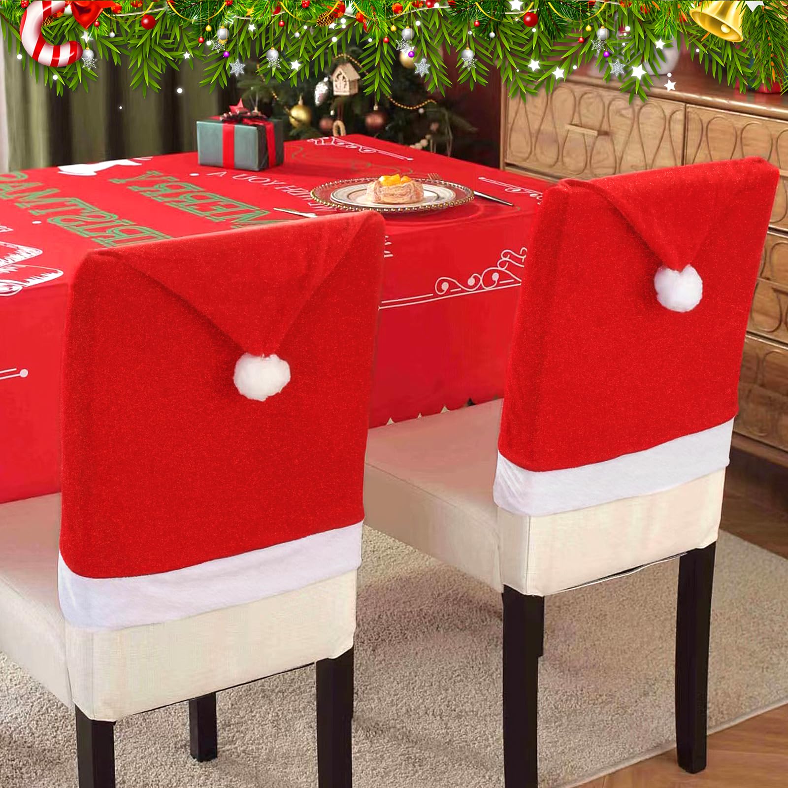 Lot De 6 Housses De Chaise Noël En Velours Rouge - Style Bonnet Père Noël, 60x45 Cm, Décoration De Fête