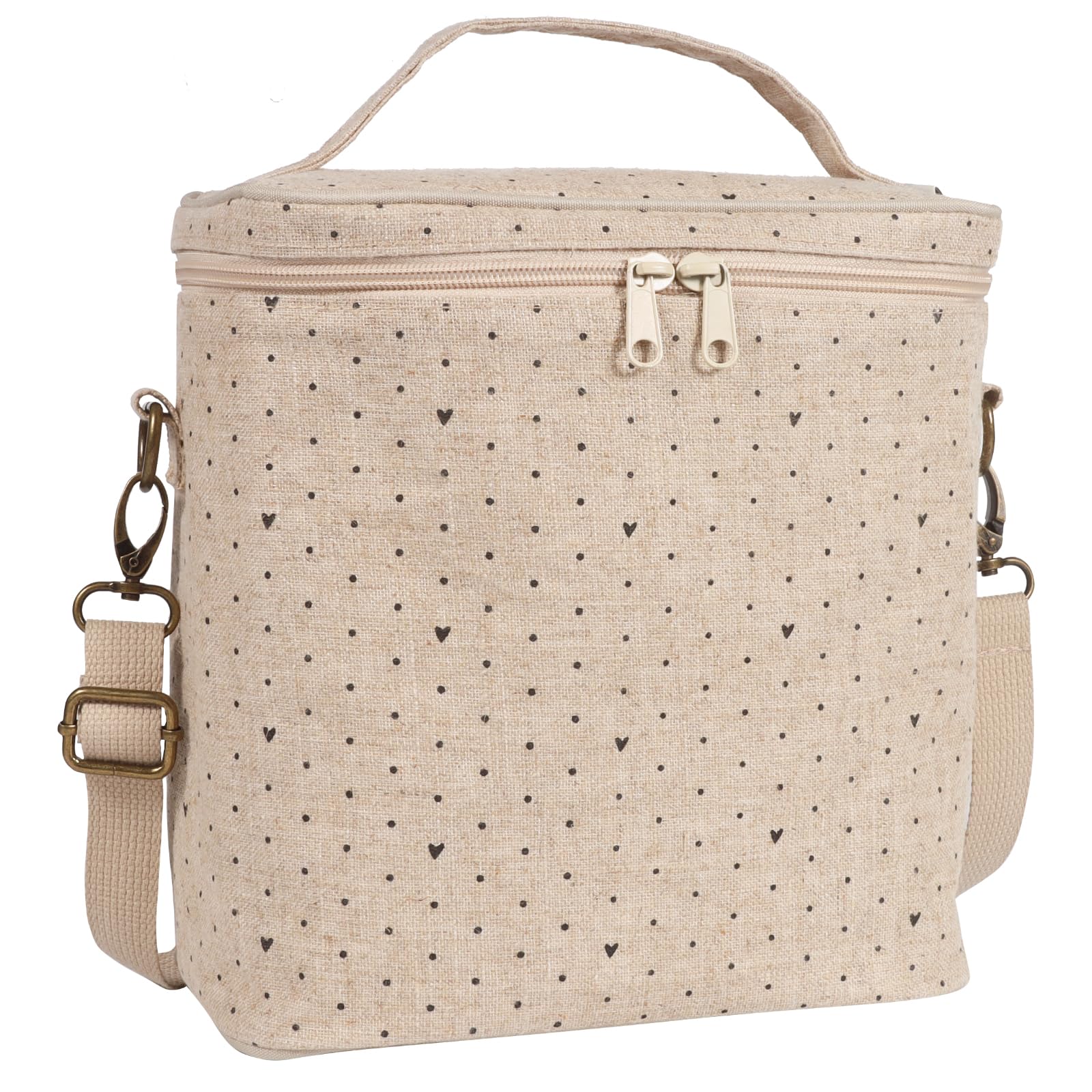 neatlife Lunch Bag for Women, Soft Linen Lunch bag with adjustable shoulder strap, Insulated Womens Lunch Bag for Work, Machine Washable Lunch Box with removable liner (Black Small Dots)