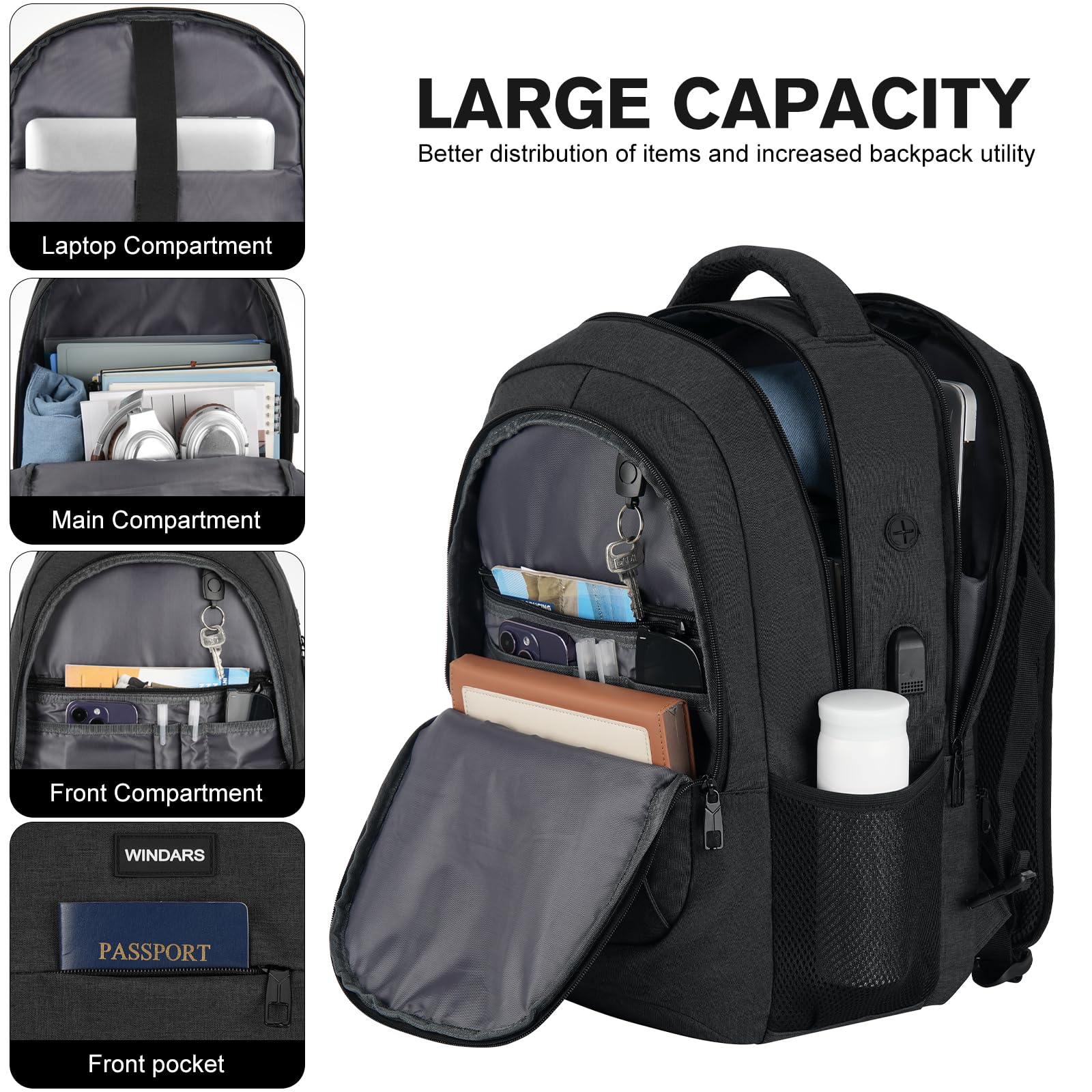 WINDARS Travel Laptop Backpack, 15.6 Inch Large School Backpacks for Teens Boys, Water Resistant Business Men Computer Bag Durable Women Back Pack with USB Charging Port for College Work, Black