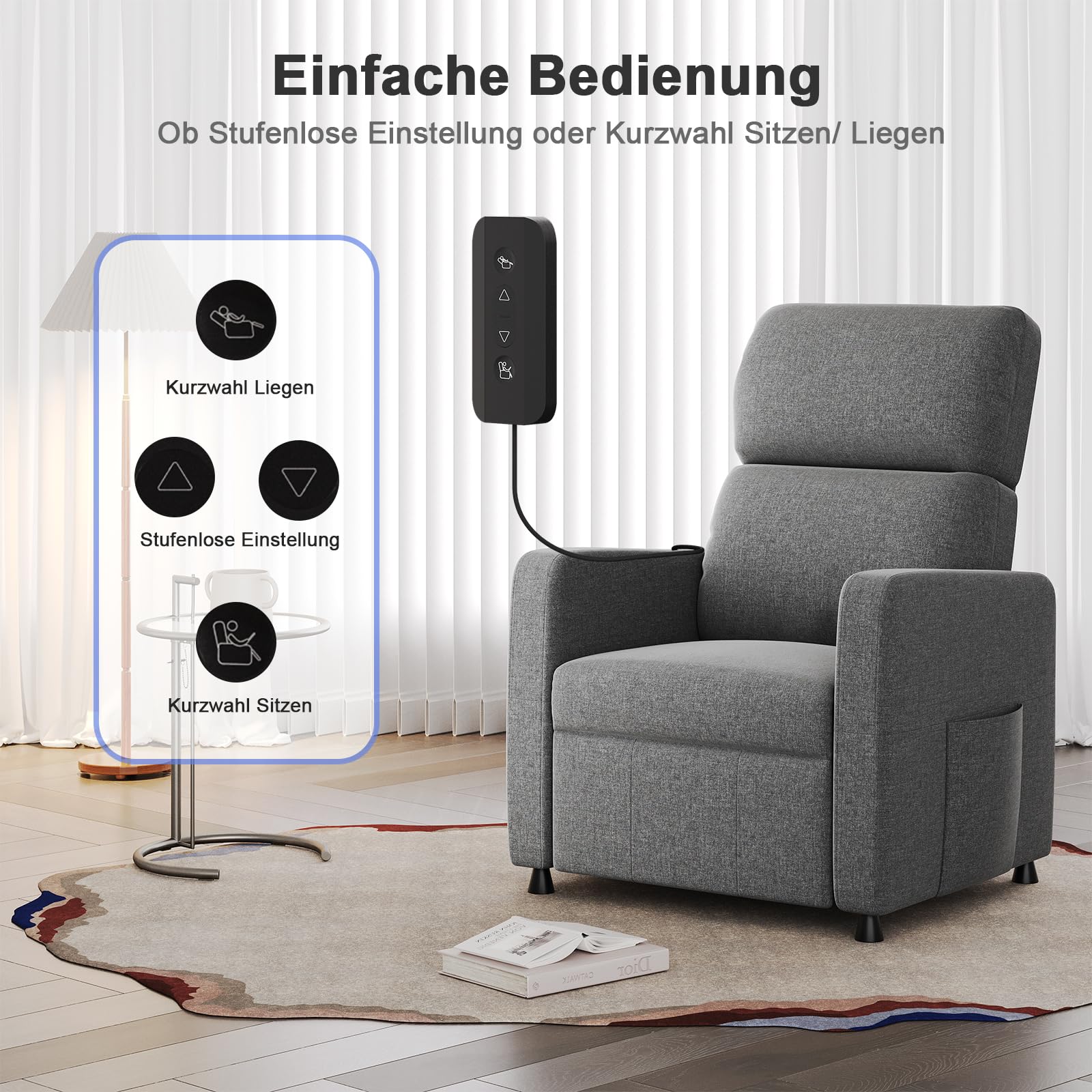 JUMMICO Relaxsessel Fernsehsessel Liegesessel mit Liegefunktion Elektrisch Verstellbarer Einzelliegesessel aus Leinenstoff für Wohnzimmer Schlafzimmer Heimkino (Grau)