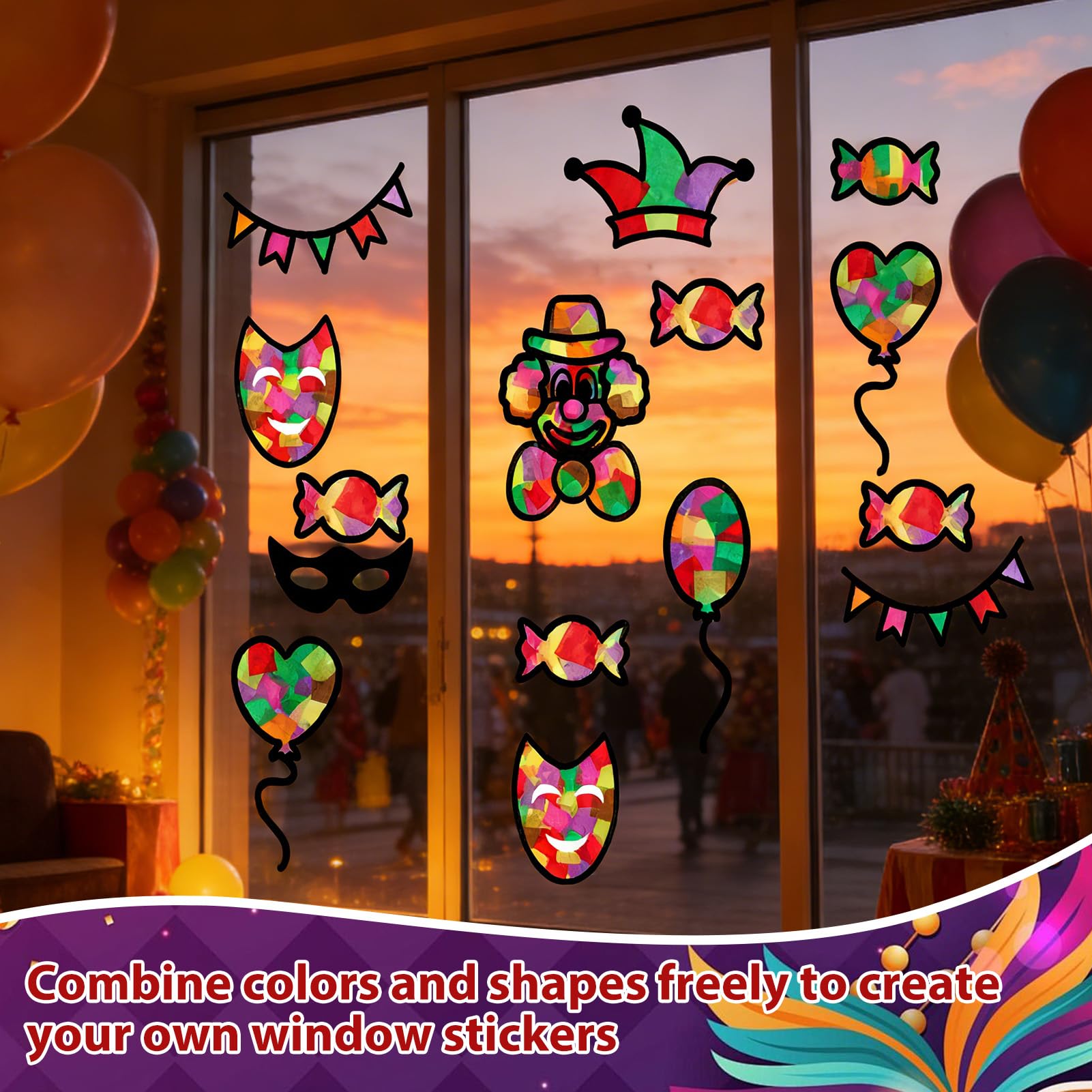 24 Piezas Payaso Pegatinas de Ventana,Imágenes para Ventana de Carnaval,Manualidad Pegatina Ventana de Fiesta Circo Carnaval para Carnavales y Fiestas de Cumpleaños