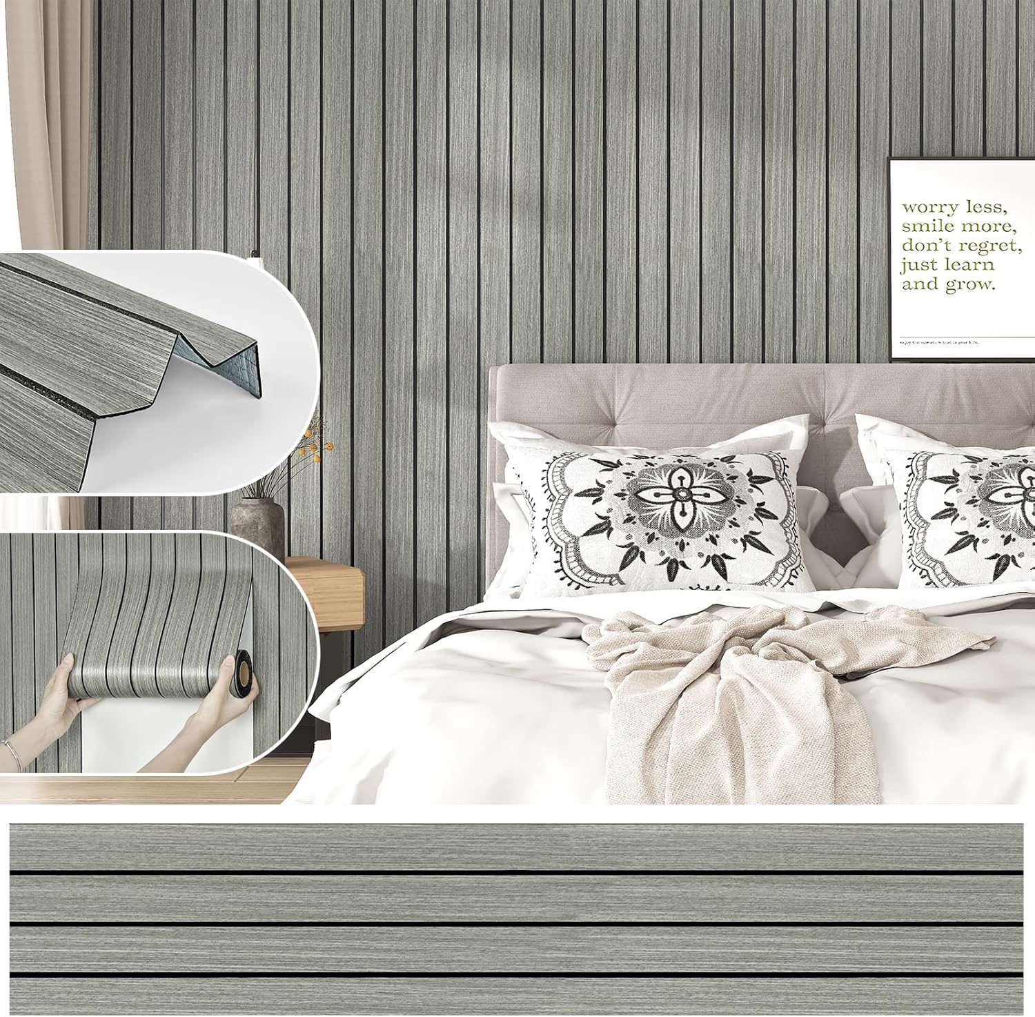 3D Acoustic Wood Wall Panels Light Grey Stick on Wood Panels for Walls 11.8"x196" Flexible Modern Wooden Slat Paneling Nature Wallpaper for Bedroom Living Room Cabinet Covers Liner Ceiling