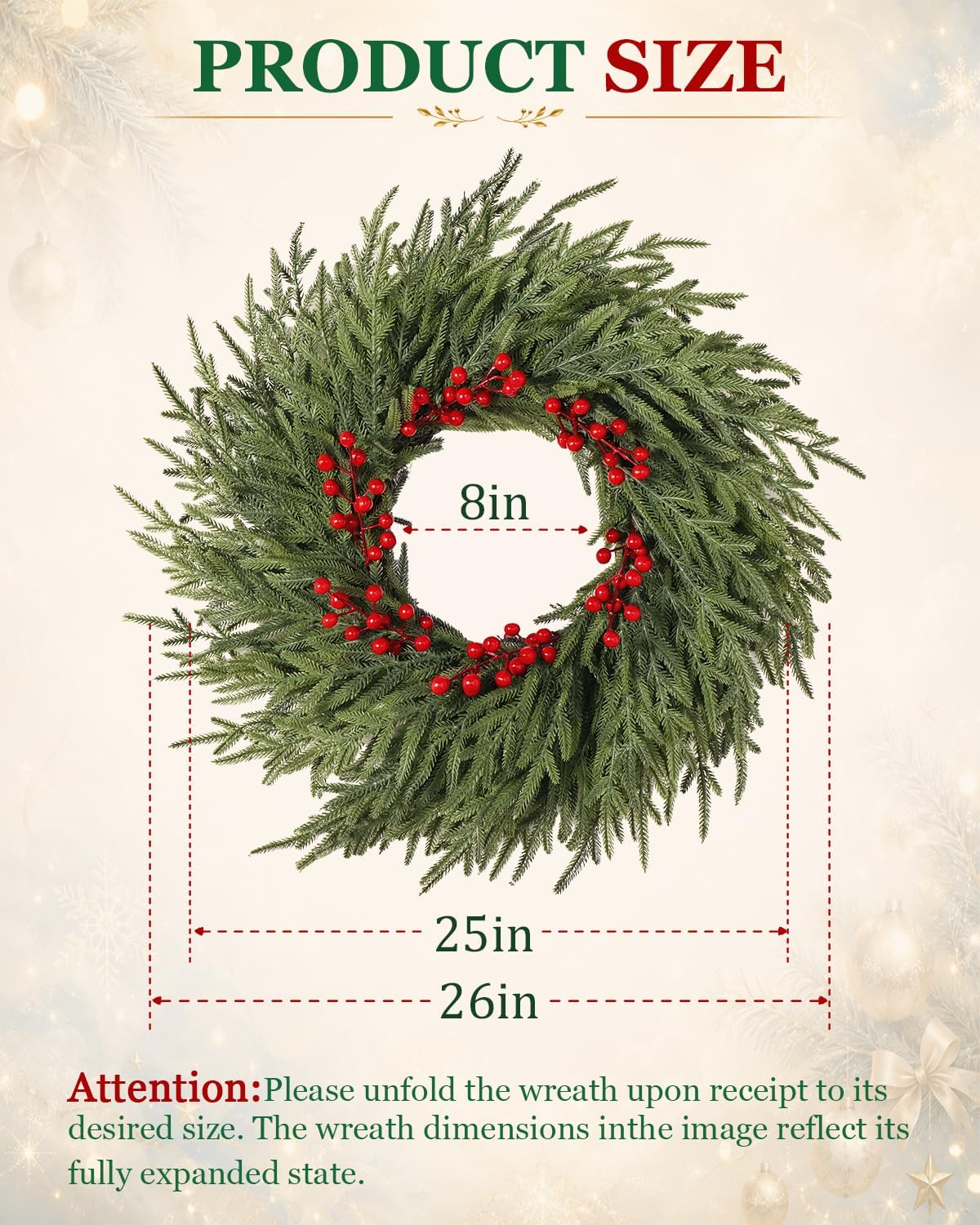 26" Christmas Cedar Wreath - Large Artificial Evergreen Pine Norfolk Wreath