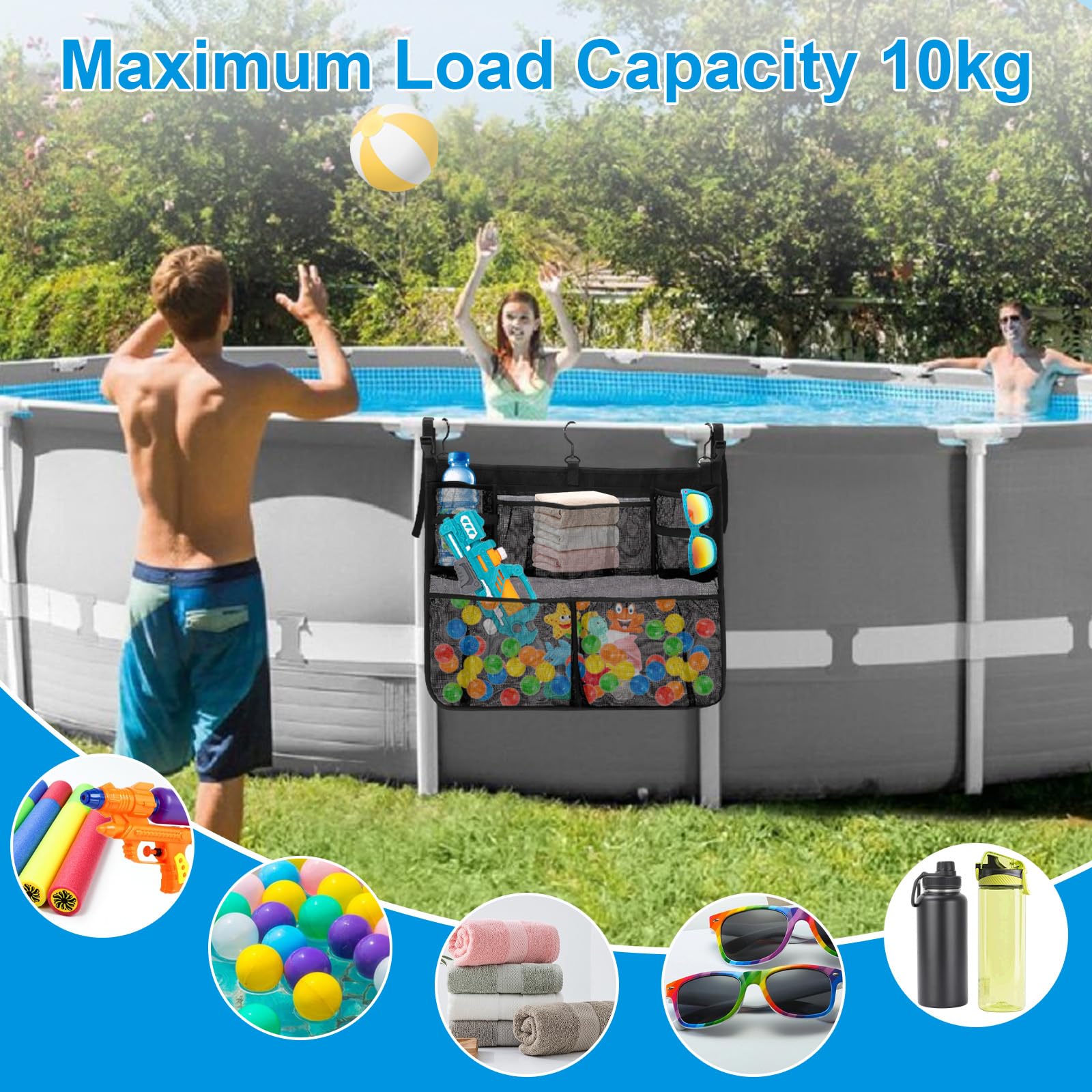Cyiecw Pool Aufbewahrungstasche mit 3 Haken, Abnehmbar Pool Aufbewahrungskorb, Multifunktionaler Gartenpool Organizer Aufbewahrungsbox, Seitenkorb Pool Zubehör für Aufstellpool und Badezimmer