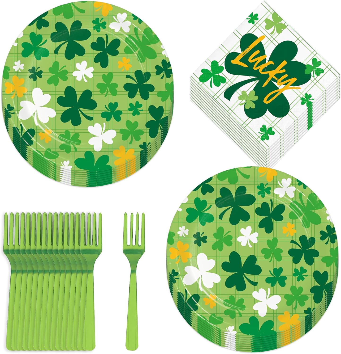 St. Patrick's Day Party Dark Green & Yellow Shamrock Round Paper Dessert Plates, Beverage Napkins, and Forks (16 Plates, Napkins, & Forks)