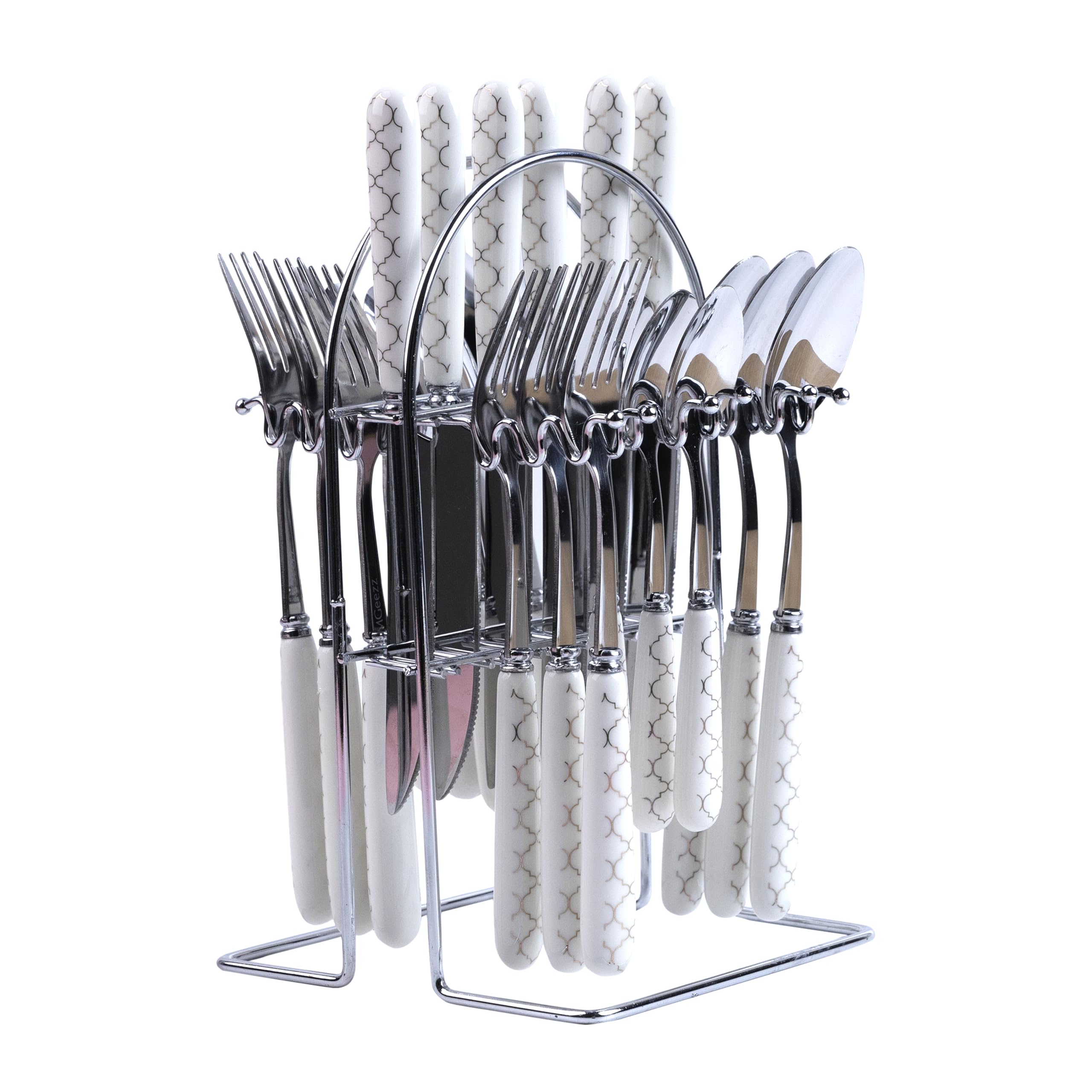 MGeezz Stainless Steel Spoons, Forks & Knives Set of 24 with Stand and Ceramic Handle (Block Print)