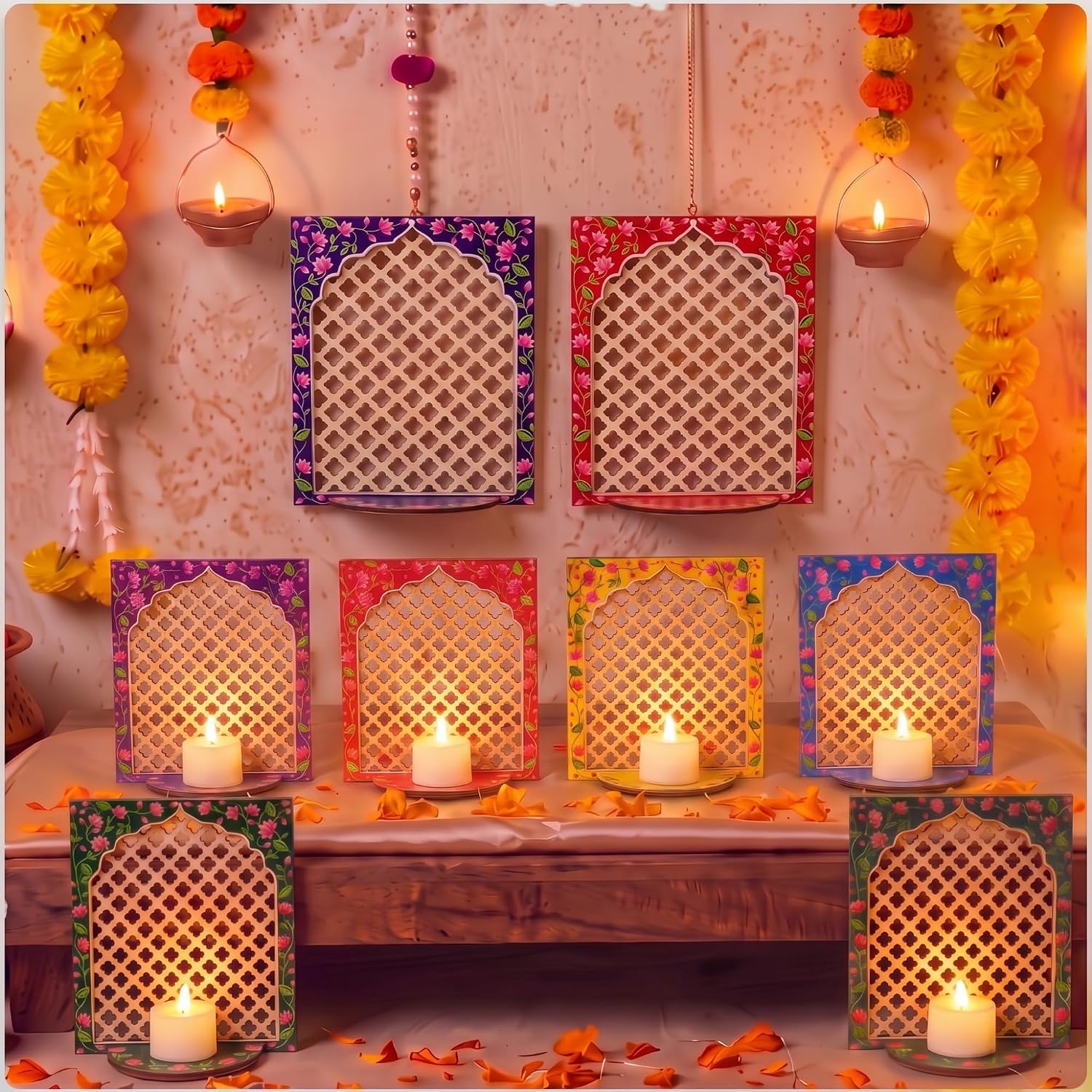 DoubleFill 20pcs Diwali Wooden Candle Holders for Wall Decor, Floral Lotus