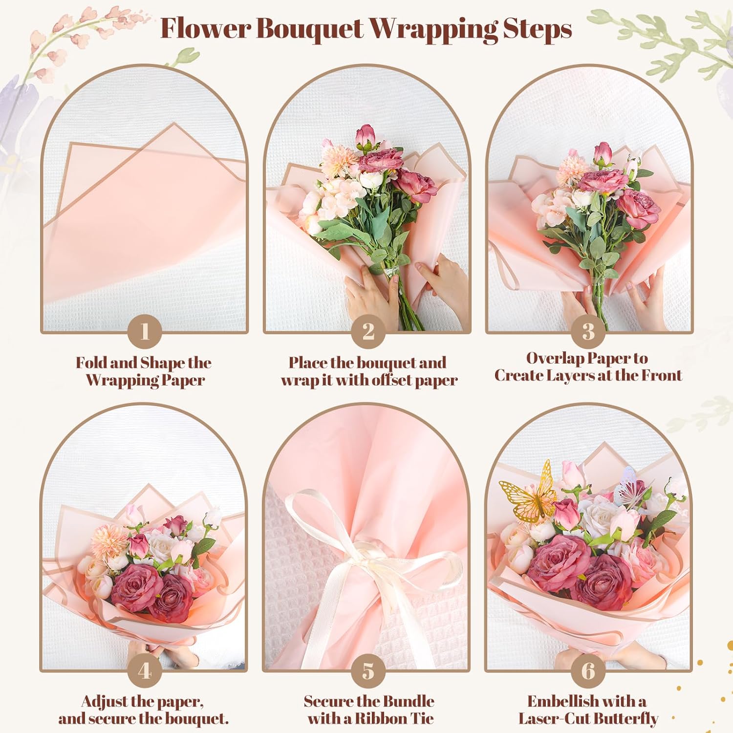 Ecoofor Flower Wrapping Paper Set, 80 Sheets Waterproof Translucent Gold Edge Floral Paper & Kraft Paper, 23 x 23 in & 23.6 x 23.6 in, with 3D Butterflies & 3 Colors Ribbons for Bouquets, Gifts & DIY Crafts