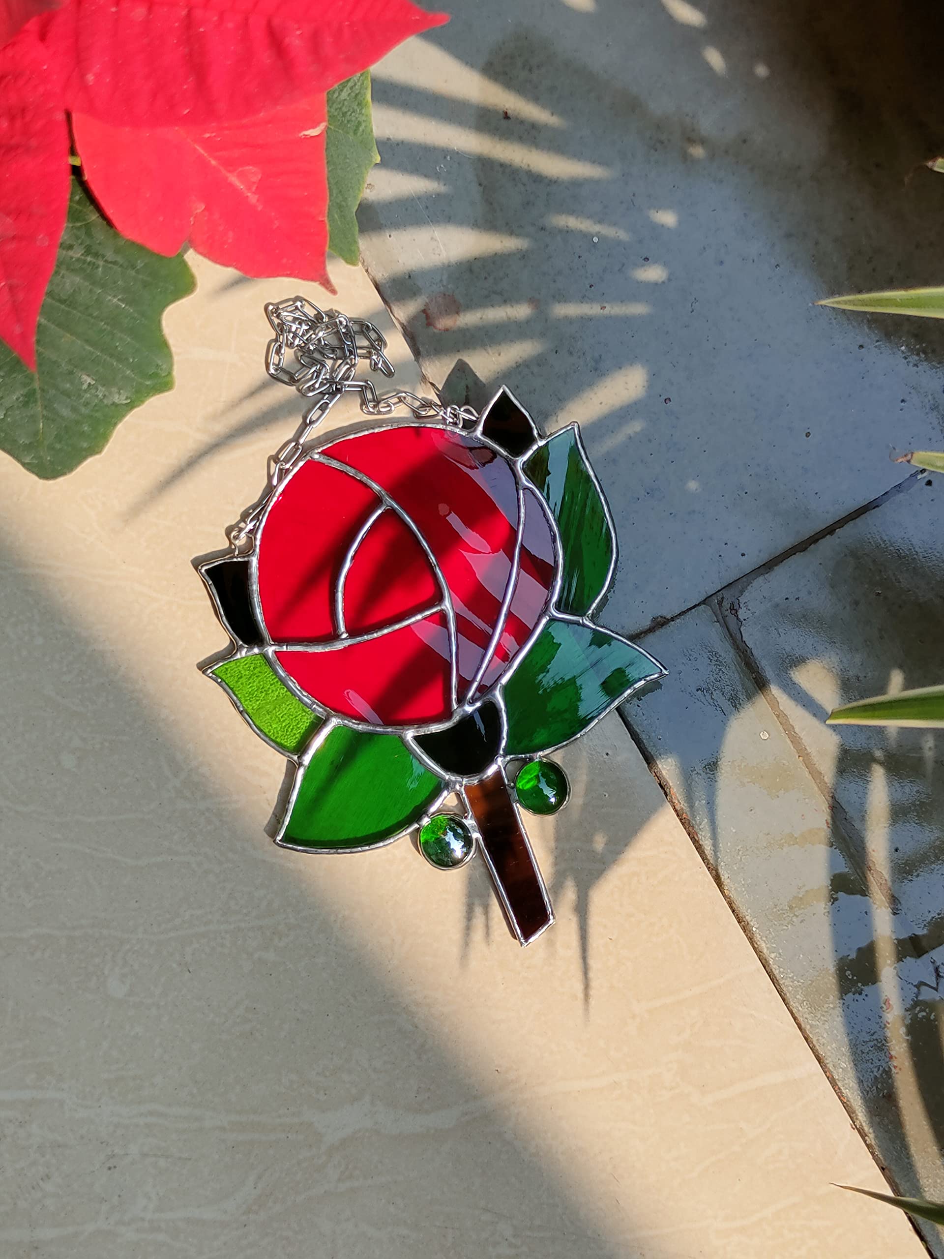 NICHE KRAFTS Stained Glass ‘Red Rose’ Hanging, Decoration, Home Décor, Handmade, Tiffany Style, Flower & Leaves, Unique, Size 7.5”x 6.3” 4