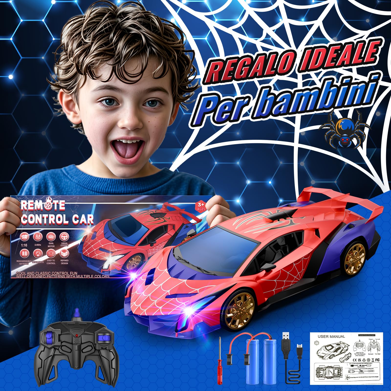 Macchina Telecomandata 1:16 con Luci Colorate, 2.4GHz Drift Macchinina Radiocomandata con 2 Batterie Ricaricabili, Giocattolo Gioco Bambino 3-12 Anni, Giochi Regalo Bambini 3 4 5 6 7 8 9 Anni Maschio