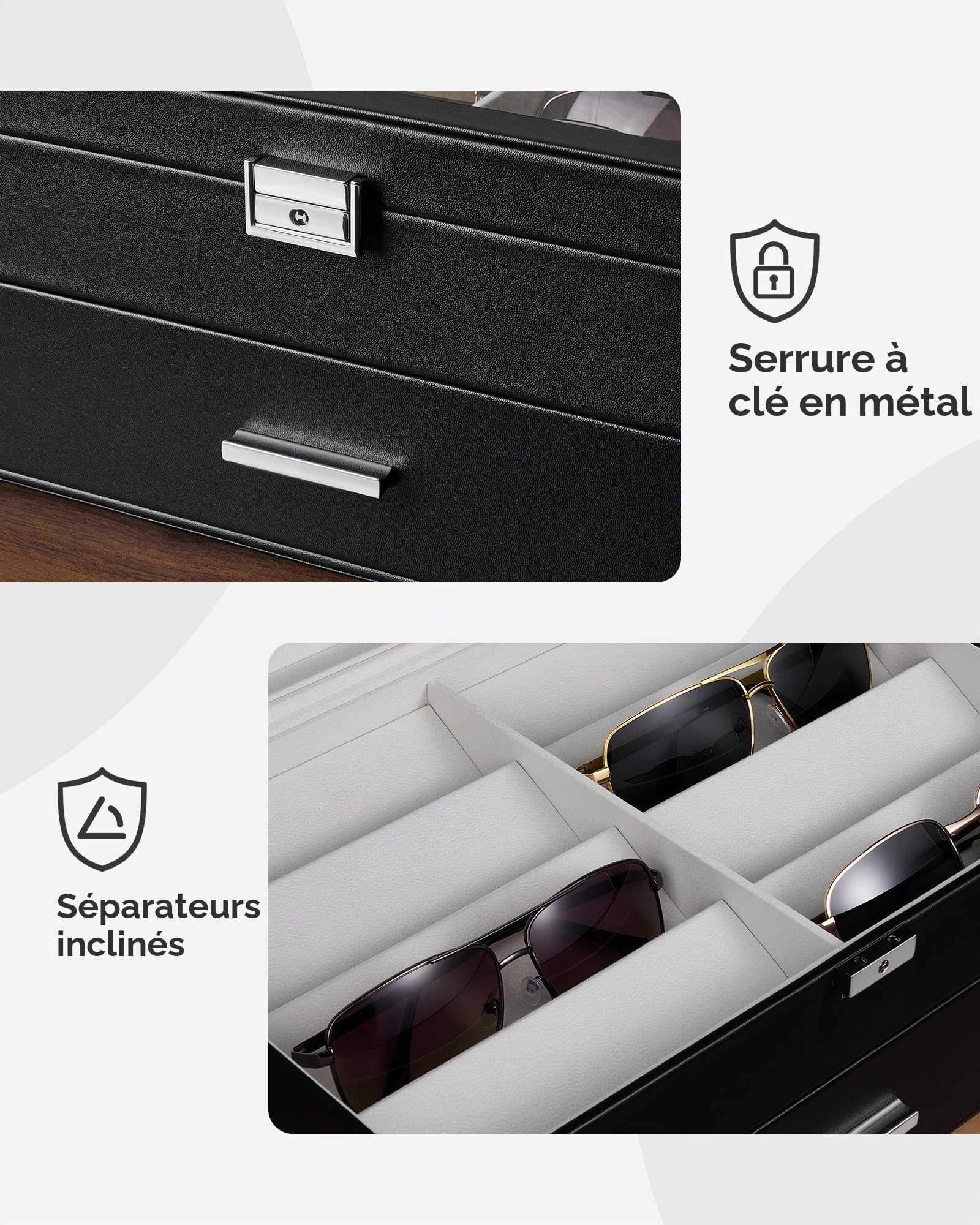 ProCase Boîte à Lunettes pour Homme, Rangement pour Paires Lunettes de Soleil, avec Couvercle Transparent et Serrure en Métal, Étui Élégant en PU