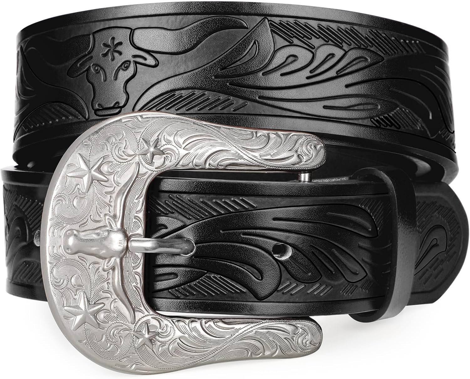 SANSTHS Western Belts for Men Women, Adjustable Mens Cowboy Country Belt for Pants Jeans with Vintage Engraved Leather