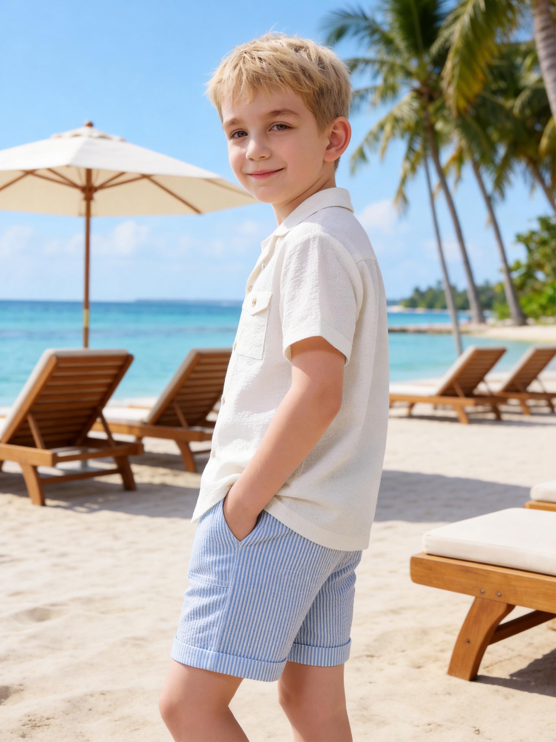 Volunboy Set Estivo Ragazzi Seersucker, Camicia a Bottoni con Colletto + Pantaloncini Vita Elastico,4-10 Anni