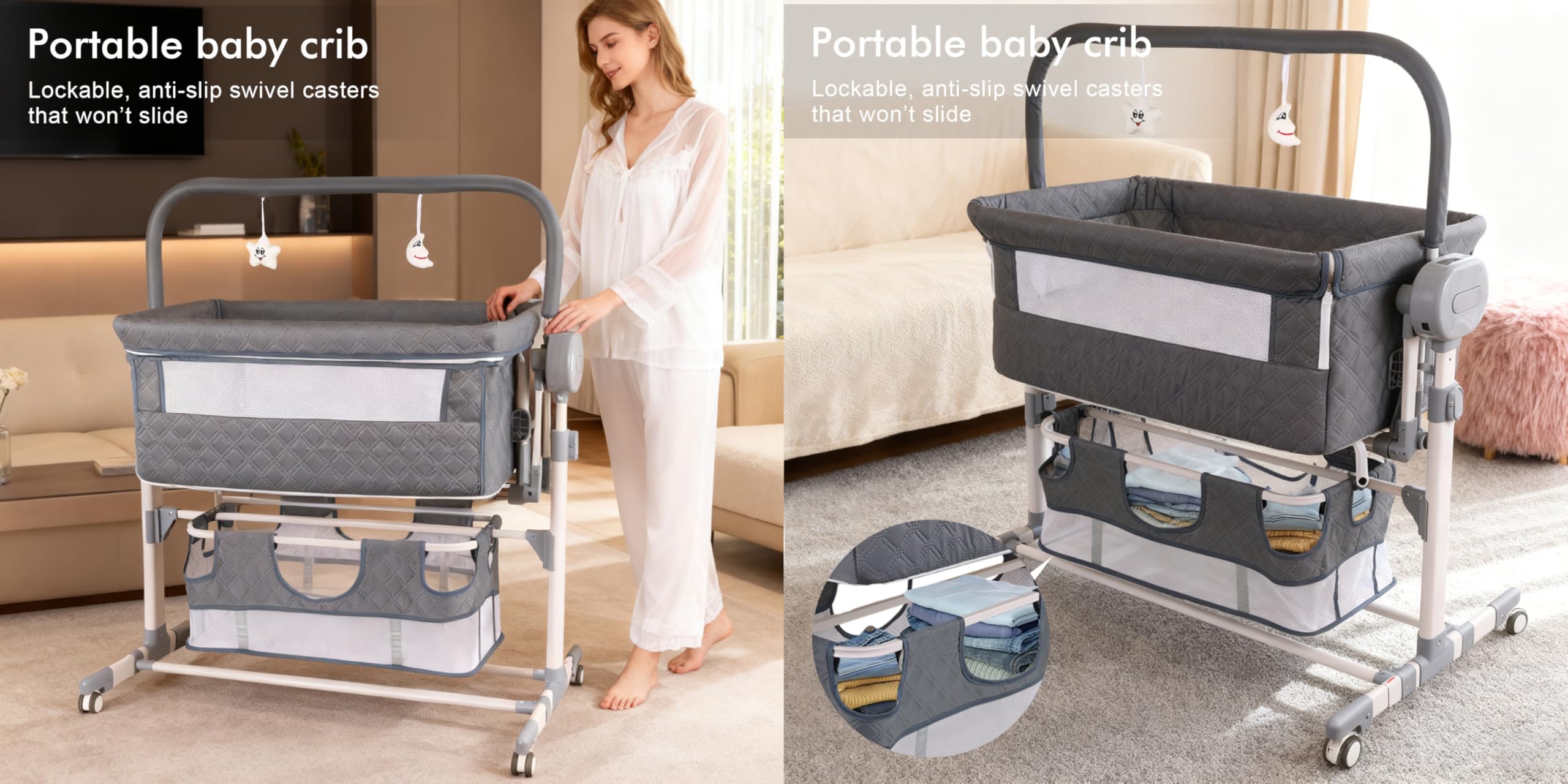 Nine point nine Elettrico Bluetooth Intelligente Culla Next to Me, Culla Neonato Fianco Letto, Convertibile Co-sleeping per Bambini Pieghevole con Musica 5 Ingranaggi Ondeggianti (608 Black)