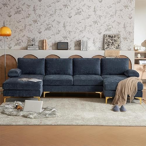 Miniatura 10 de VERYKE Sofá seccional en forma de U negro, sofá seccional moderno de tela de chenilla de 110 pulgadas, sofá cama tapizado con patas de metal para