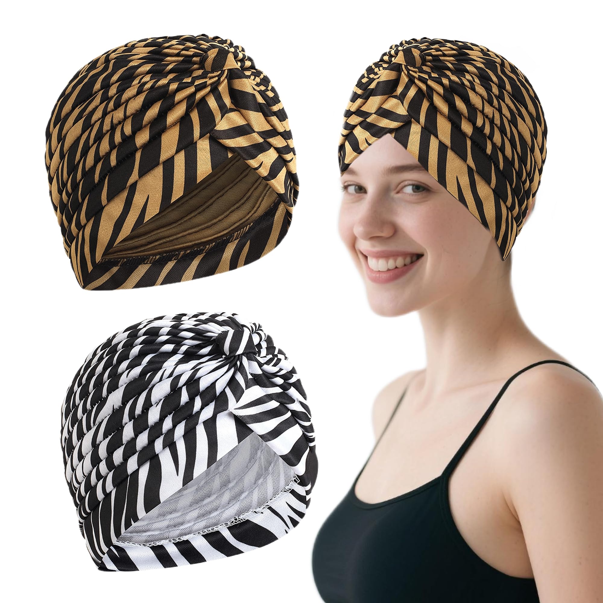 CaiJianYuLin 2 Piezas Turbantes para Mujer Gorros Oncologicos Oncologicos Gorro de Cáncer para Pérdida de Cabello Mujer Pelo Largo Verano Turbantes Lástico Frontal Cruzado Algodón -Estampado de cebra