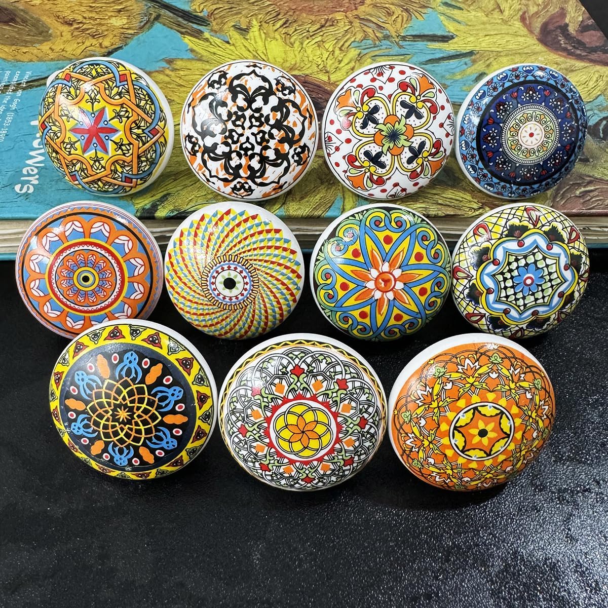 Bohemian Ceramic Knobs - 10Pcs Round Porcelain Knobs - Exquisite Ceramic Bohemian Handles - Bohemian Style Cabinet Knobs