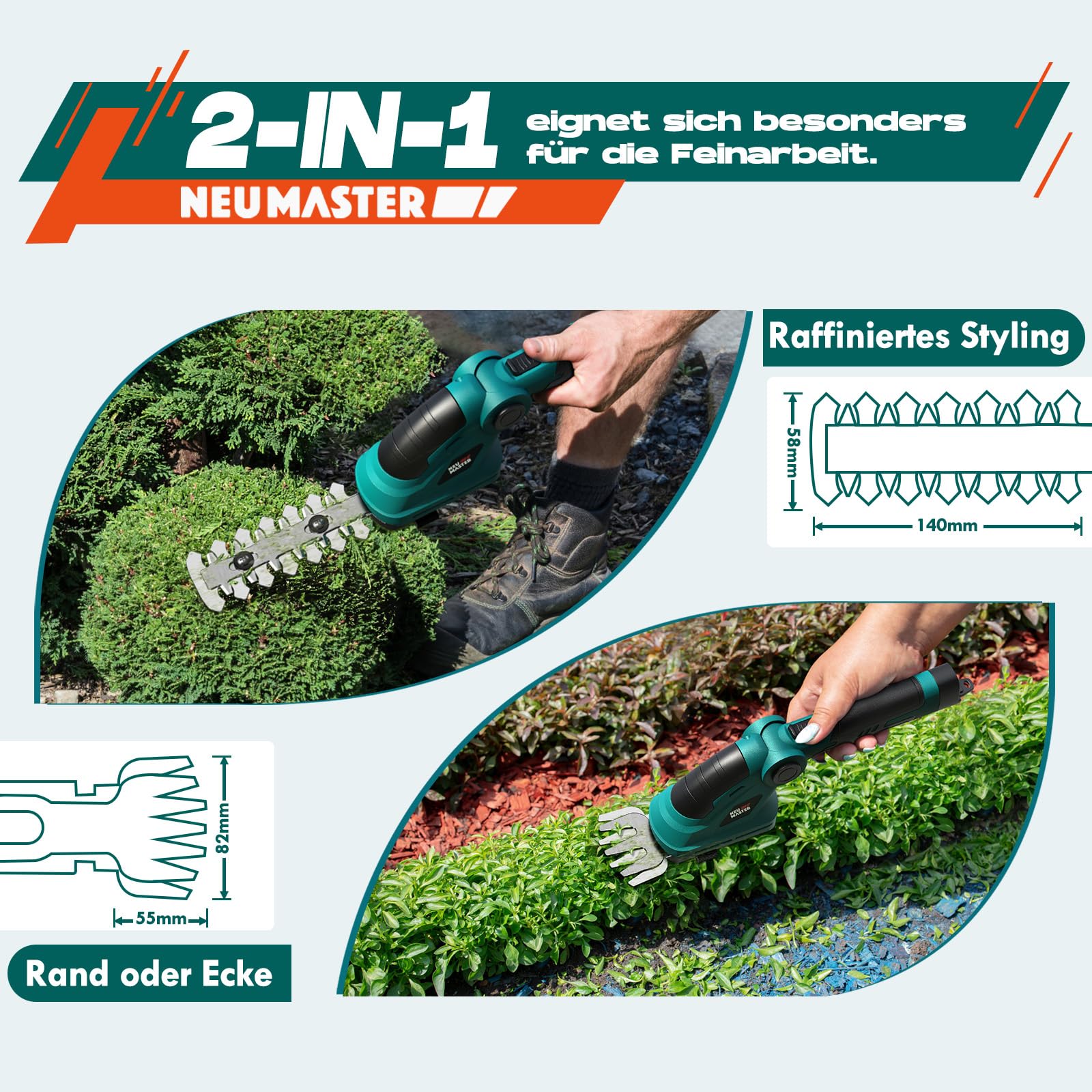 NEU MASTER Akku Grasschere - Gartenschere/Strauchschere/Rasenschere Akku, (Verstellbarer Griff, Integrierter 3,6V, 2000mAh) mit 2 Verschiedene Messer, Messerlänge 8,2cm/14cm und Ladekabel