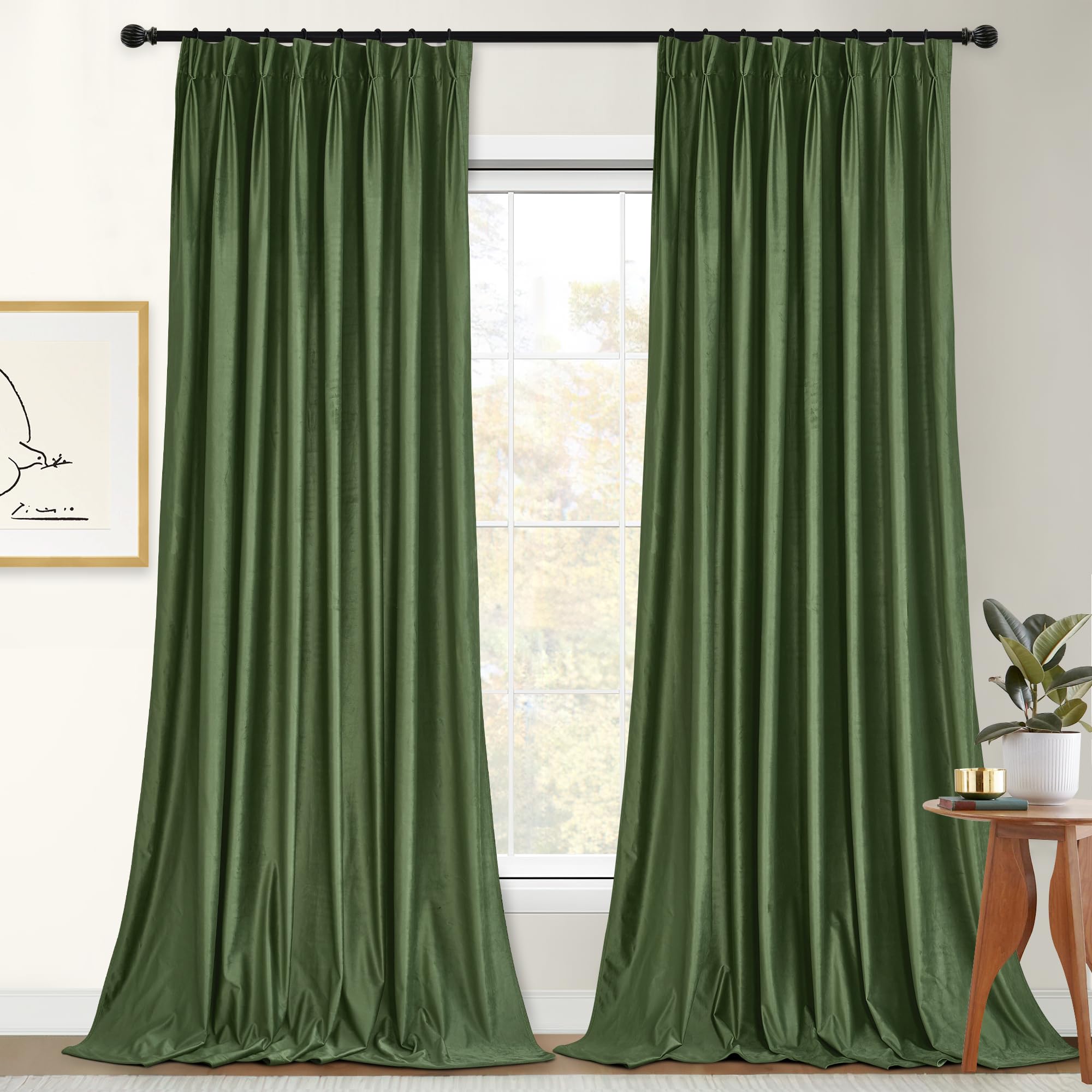 StangH Moss Green Velvet Curtains Pinch Pleated for Party Backdrops, 96 inches Blackout Curtains Thermal Insulated for Living Room Energy Effcient for Hotel Hall/Hallway, W52 x L96, Set of 2