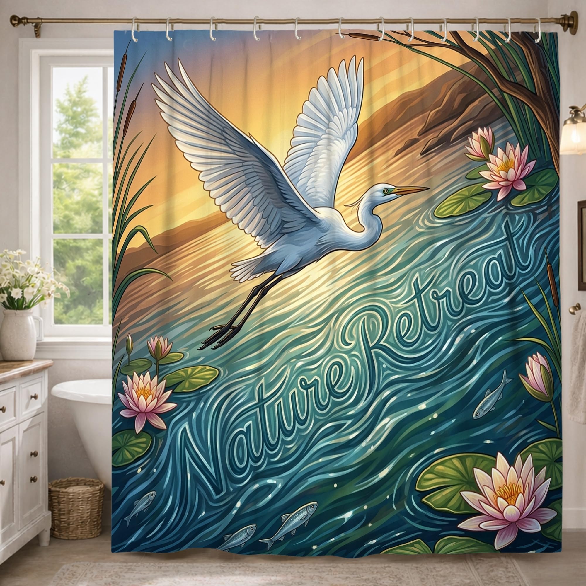 Rideau de douche extra long 183x243 cm motif nénuphars bleu avec crochets