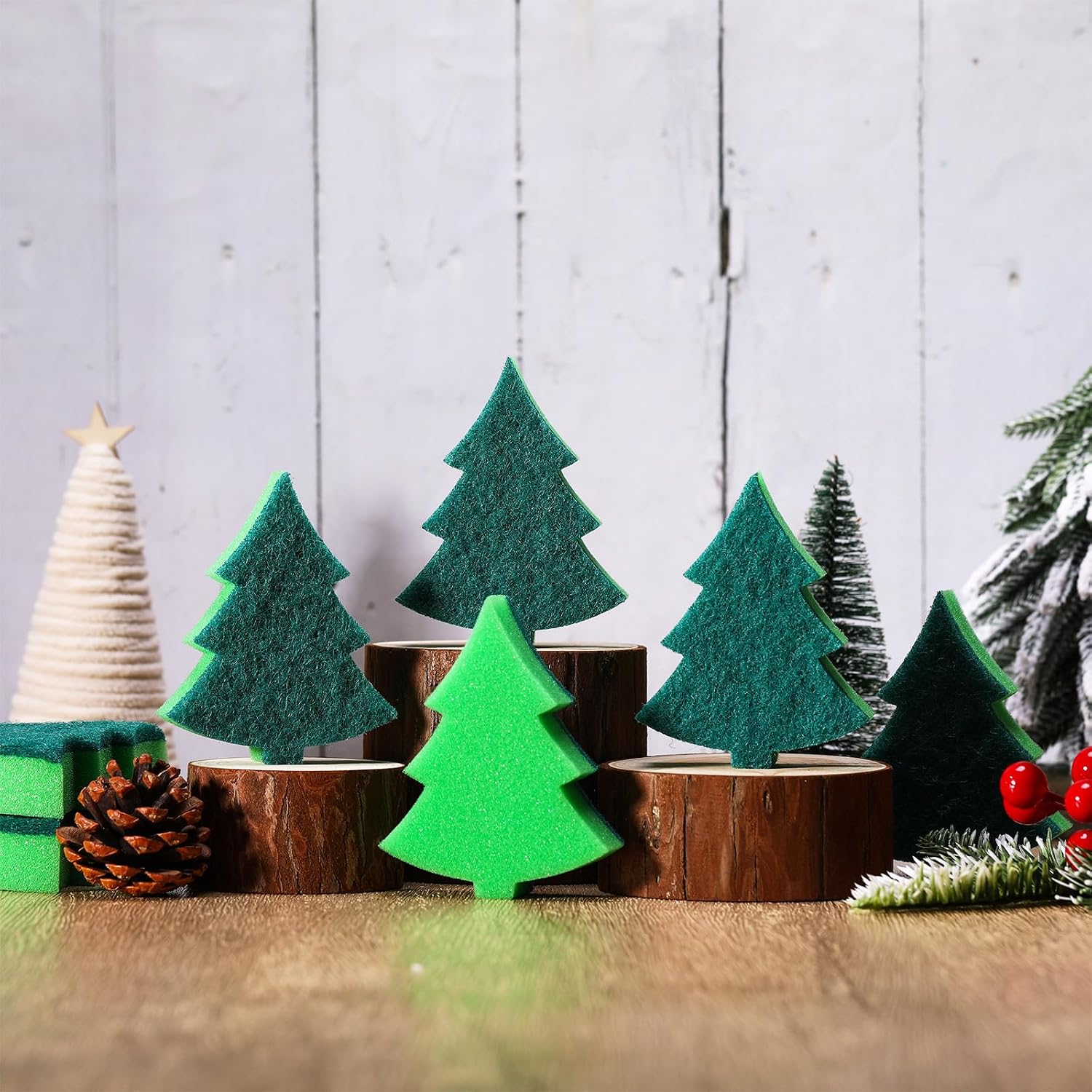 Tioncy 12 Pack Christmas Tree Kitchen Sponges Bulk Green Christmas Tree Dual Sided Scrubber Sponges Dishwashing Kitchen Cleaning Accessories for Home Decor Household Supplies