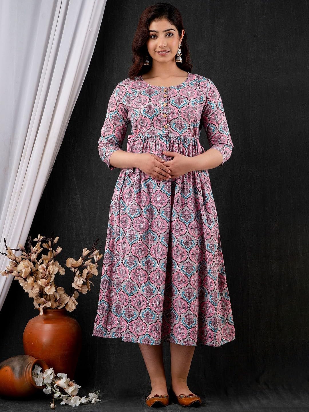 Rishabh Creation Women's Cotton Floral Printed Maternity Dress Kurti with Feeding Zipper Blue Pink 4