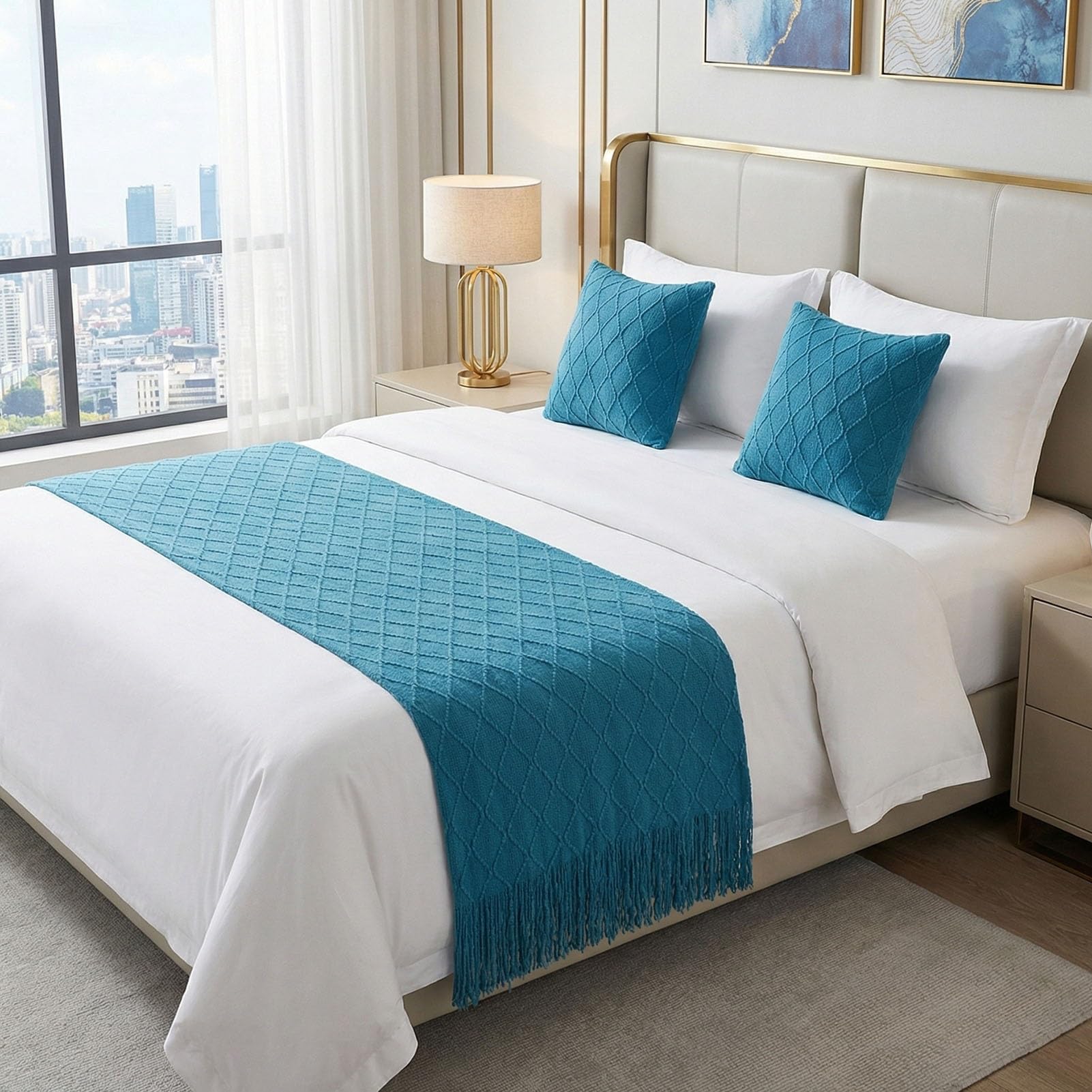 HFDJRWK Soft Footboard Towel, Fade-resistant Hotel-style Bedspread, Footboard Blanket for Queen, Twin, Single, and King-size Beds(Blue(D),60x230 cm)