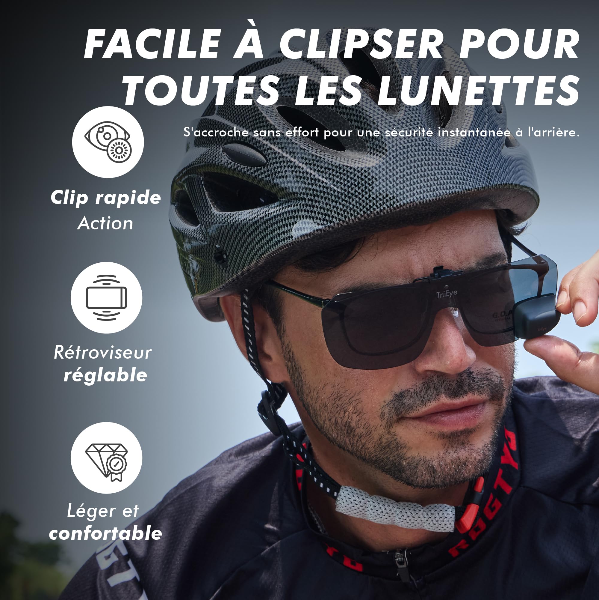 TriEye View Clip-On Lunettes de Soleil avec Rétroviseur Gauche – Lunettes Polarisées à Clipser pour Porteurs de Lunettes – 140/145 mm – Verres Clairs ou Fumés