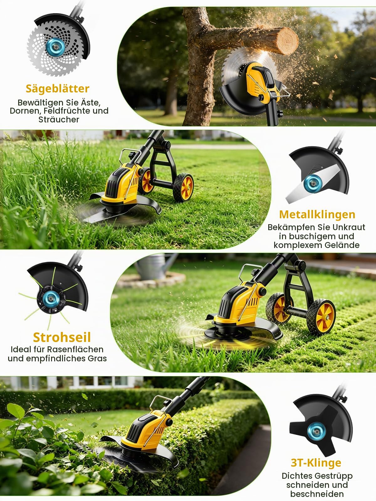 4 in 1 Akku Rasentrimmer mit Rädern,30CM Elektro Rasentrimmer mit 2 * 3000 mAh Batterie und Ladegerät,800W Bürstenloser Motor,21V Freischneider mit 4 Klingentypen für Gärten,Höfe und Gehwegkanten