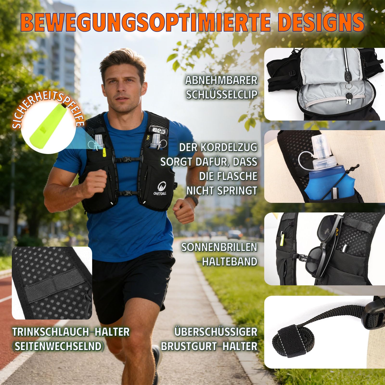 Laufweste Damen mit 2 Faltbare Trinkflasche 500ml, Trinkweste Laufen Herren, Running Vest Laufrucksack Trinkrucksack Reflektierend zum Marathon Trailrunning Jogging Radfahren