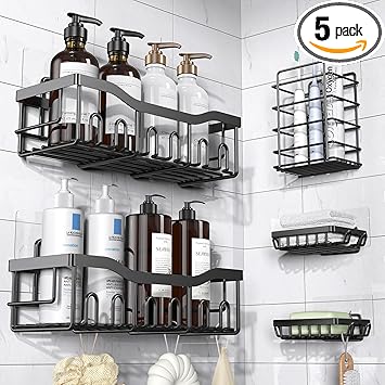Adhesive Shower Caddy, 5 Pack Rustproof Stainless Steel Bath Organizers With Large Capacity, No Drilling Shelves for Bathroom Storage & Home Decor-XL Size