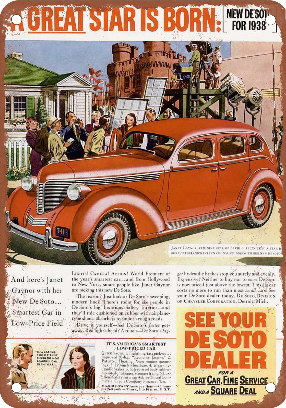 Miaomansenstore Metal Sign - 1938 Desoto Vintage Ad 02 - Old Retro Rusty Look Home Decor