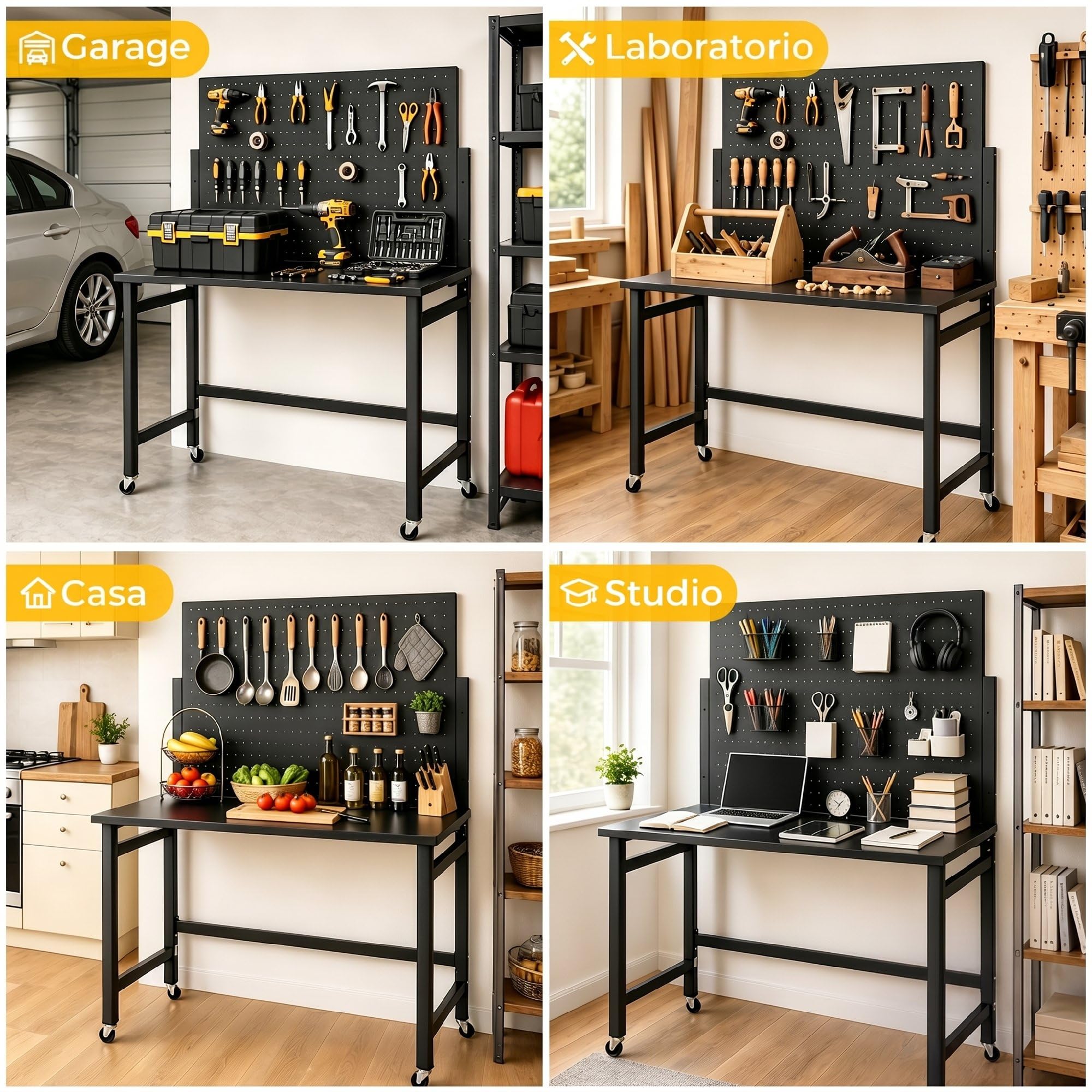 HOMCOM Banco da Lavoro Pieghevole 9cm, Tavolo da Lavoro con Pannello Forato e 30 Ganci, Ruote, 115x62x143.5cm, Piano Spesso in Legno, Struttura in Acciaio, Garage, Officina e Casa, Portata 120kg, Nero
