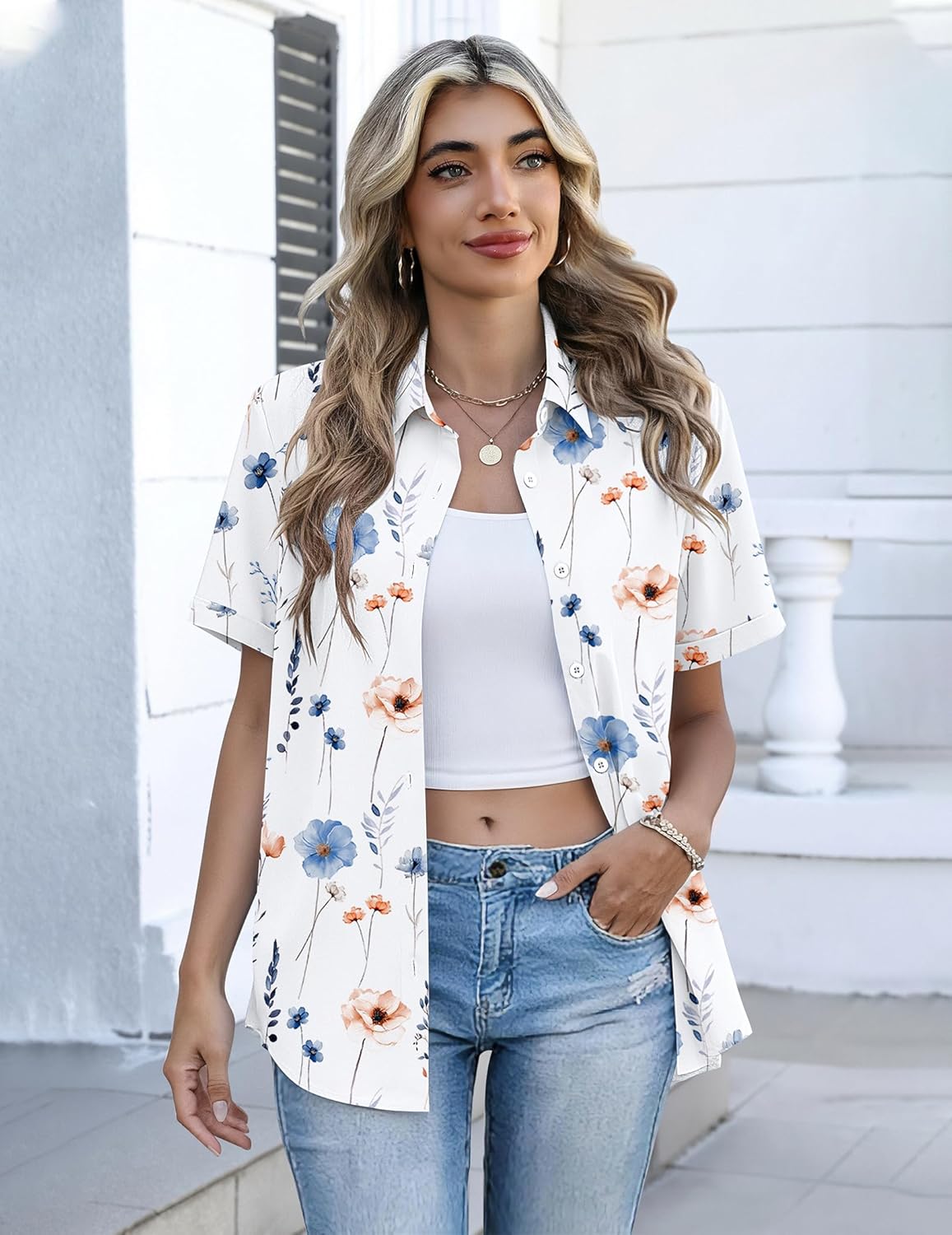 Zeagoo Button Down Shirts for Women Short Sleeve Collared Tops Dressy Casual V Neck Blouses - Image 3