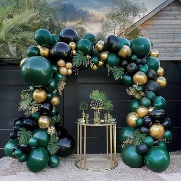 Emerald Green and gold black Balloon Garland Arch Kit Luxury Double Stuffed Dark Green Teal With Palm leaves for Summer luau hawaiian Aloha Jungle Birthday Decorations