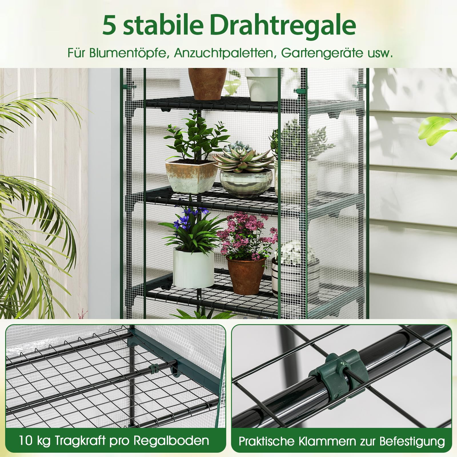 COSTWAY Gewächshaus klein, Mini Tomatengewächshaus mit 5 Regalböden aus Metall, Foliengewächshaus Winterfest für Terrasse, Balkon & Garten, 69 x 48 x 190 cm (Grün)