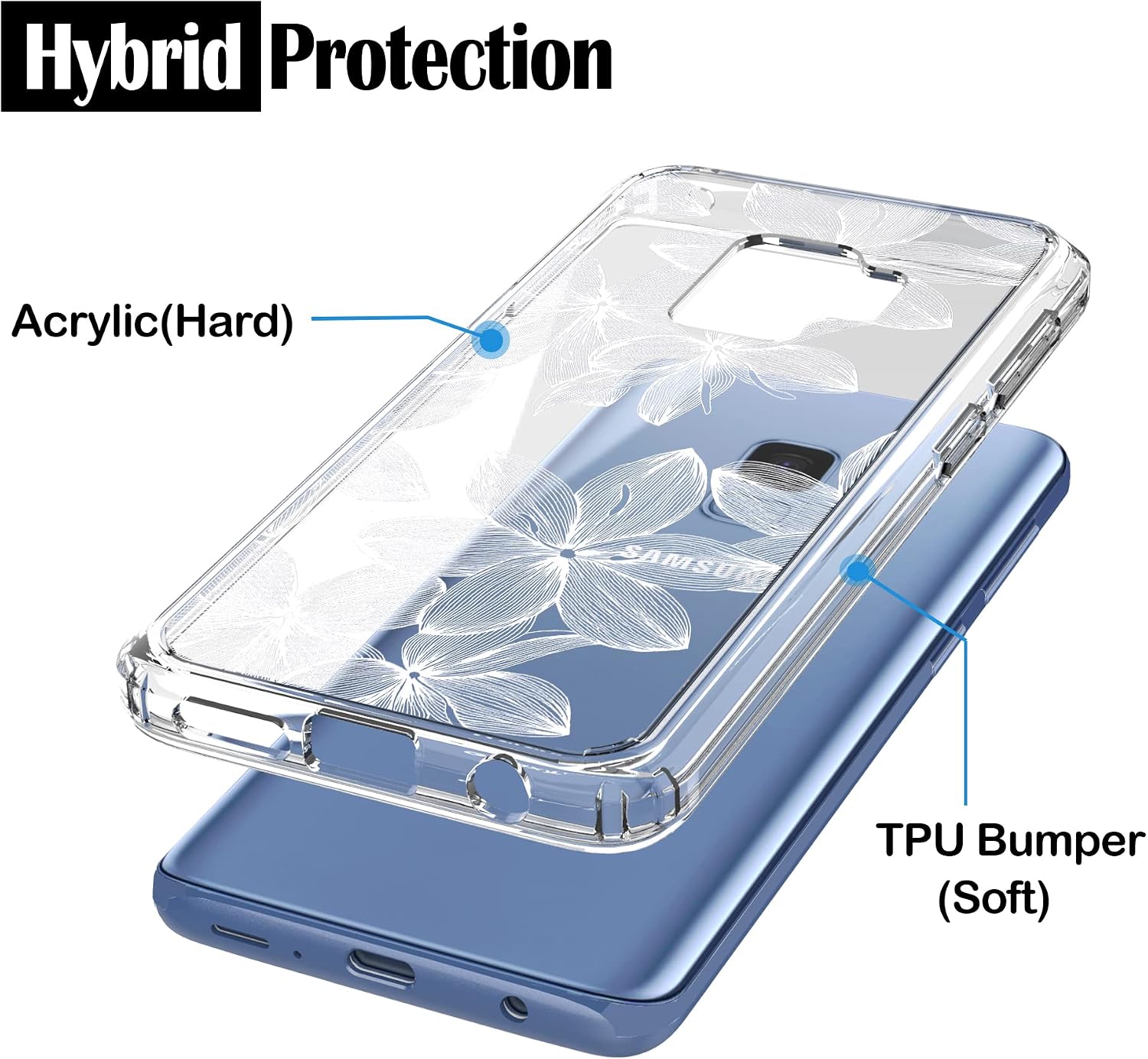 RANZ Galaxy S9 Case, Anti-Scratch Shockproof Series Clear Hard PC+ TPU Bumper Protective Cover Case for Samsung Galaxy S9 - White Flower