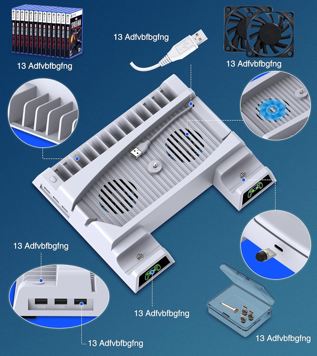 PS5 Stand, Vertical Stand Cooling Fan Station for PlayStation 5 Disc & Digital, PS5 Cooling Stand Accessories with Dual Controller Charging, PS5 Orginazer with 13 Game Slots & 3 USB 2.0 Ports