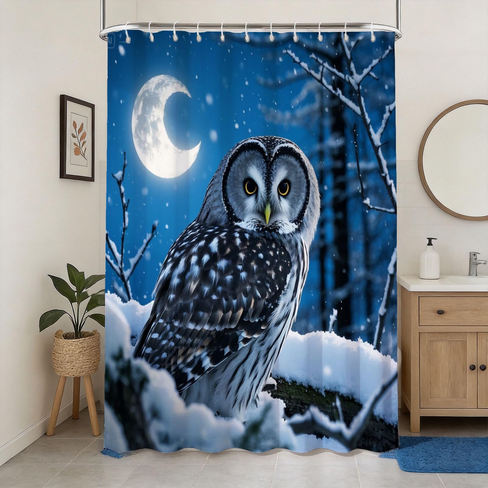 Hongduo 3D Owl Shower Curtain for Stalls Bathtubs Moon Bathroom Decor Shower Curtain Set Polyester Fabric Waterproof 200x200cm/79X79 Inch with Hooks