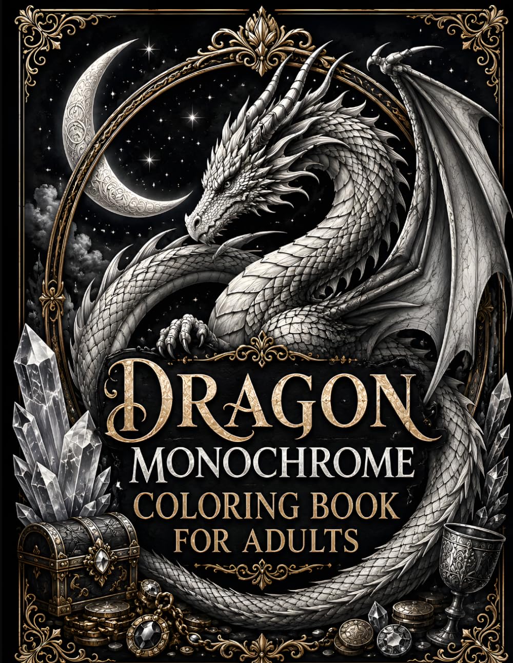 Dragon Monochrome Coloring Book for Adults: One Color Fantasy Dragon Designs with Castles, Crystals, Treasures, and Gothic Scenes for Relaxation